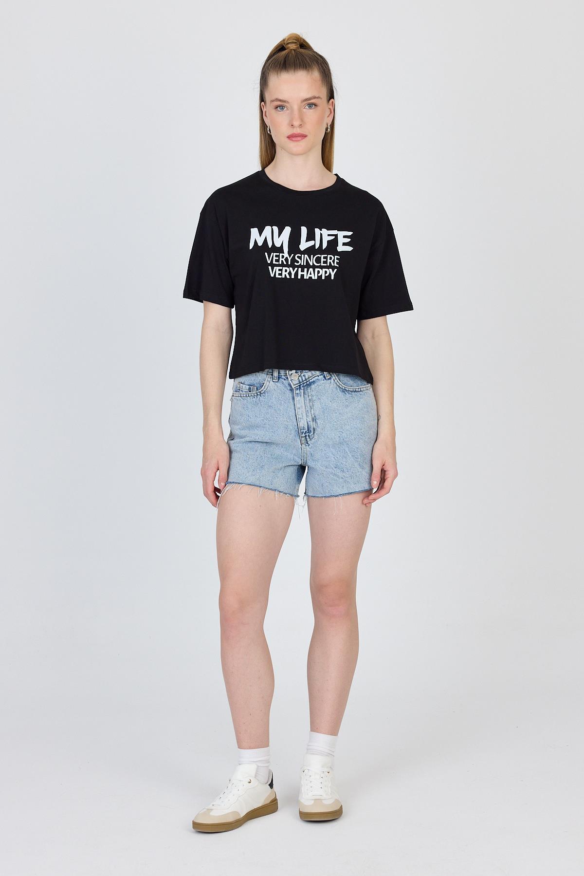 Siyah Yazı Baskılı %100 Pamuk Crop Tişört 9187M - 2