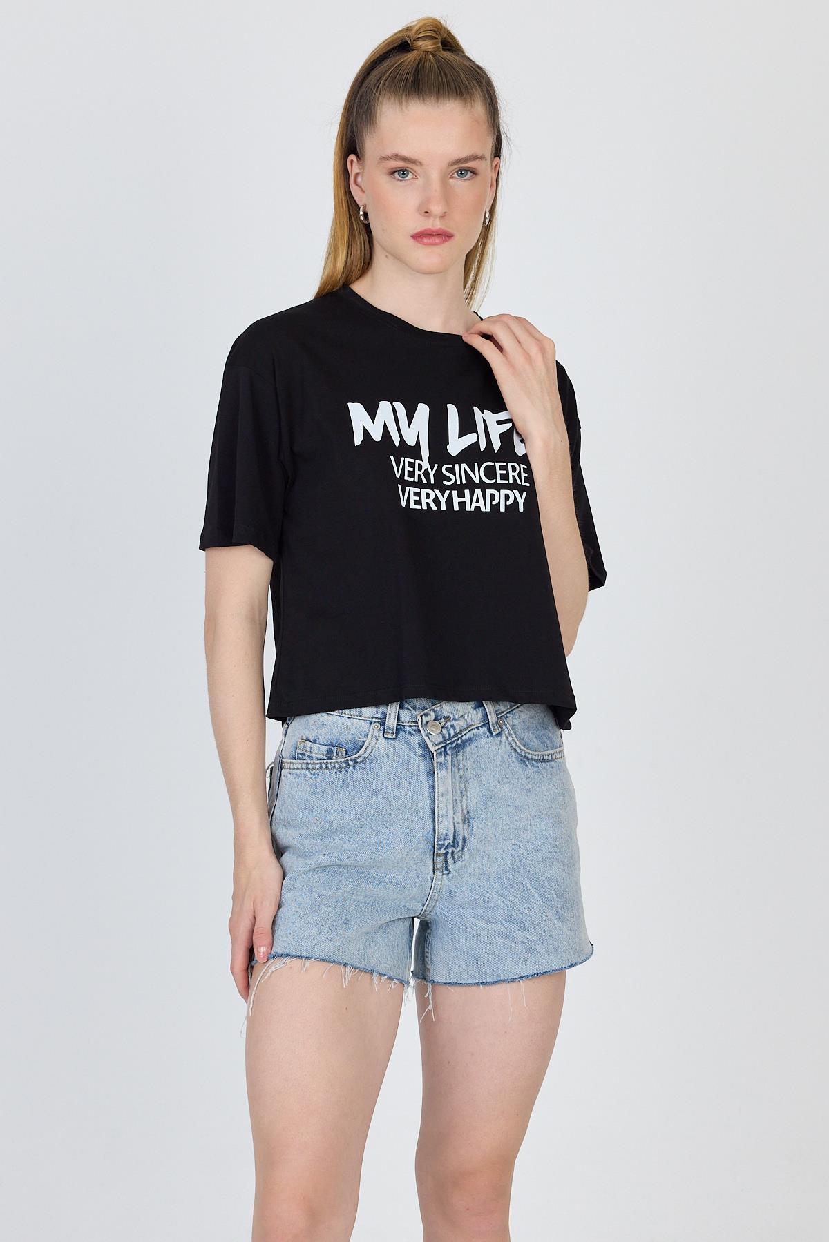 Siyah Yazı Baskılı %100 Pamuk Crop Tişört 9187M - 3