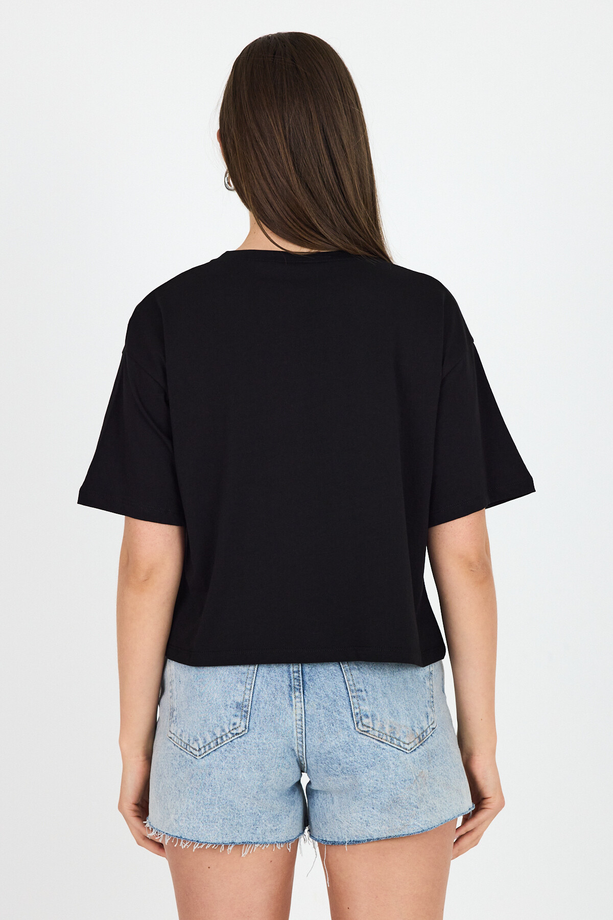 Siyah Yazı Baskılı %100 Pamuk Crop Tişört 9188M - 5