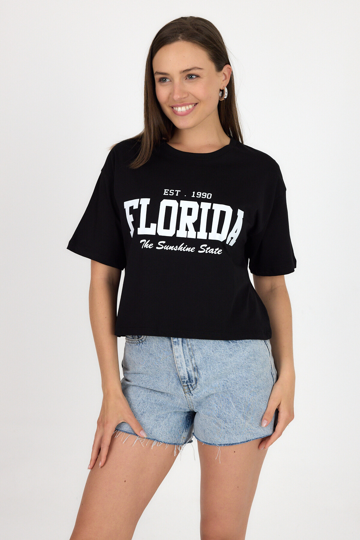 Siyah Yazı Baskılı %100 Pamuk Crop Tişört 9188M - 6