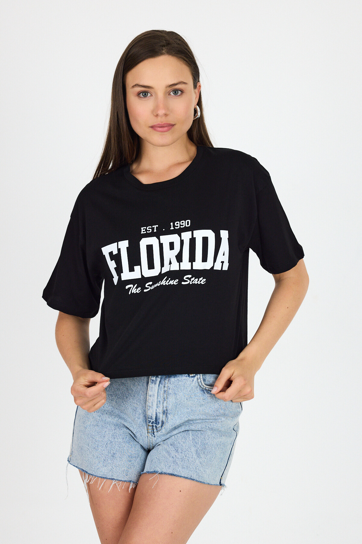 Siyah Yazı Baskılı %100 Pamuk Crop Tişört 9188M 