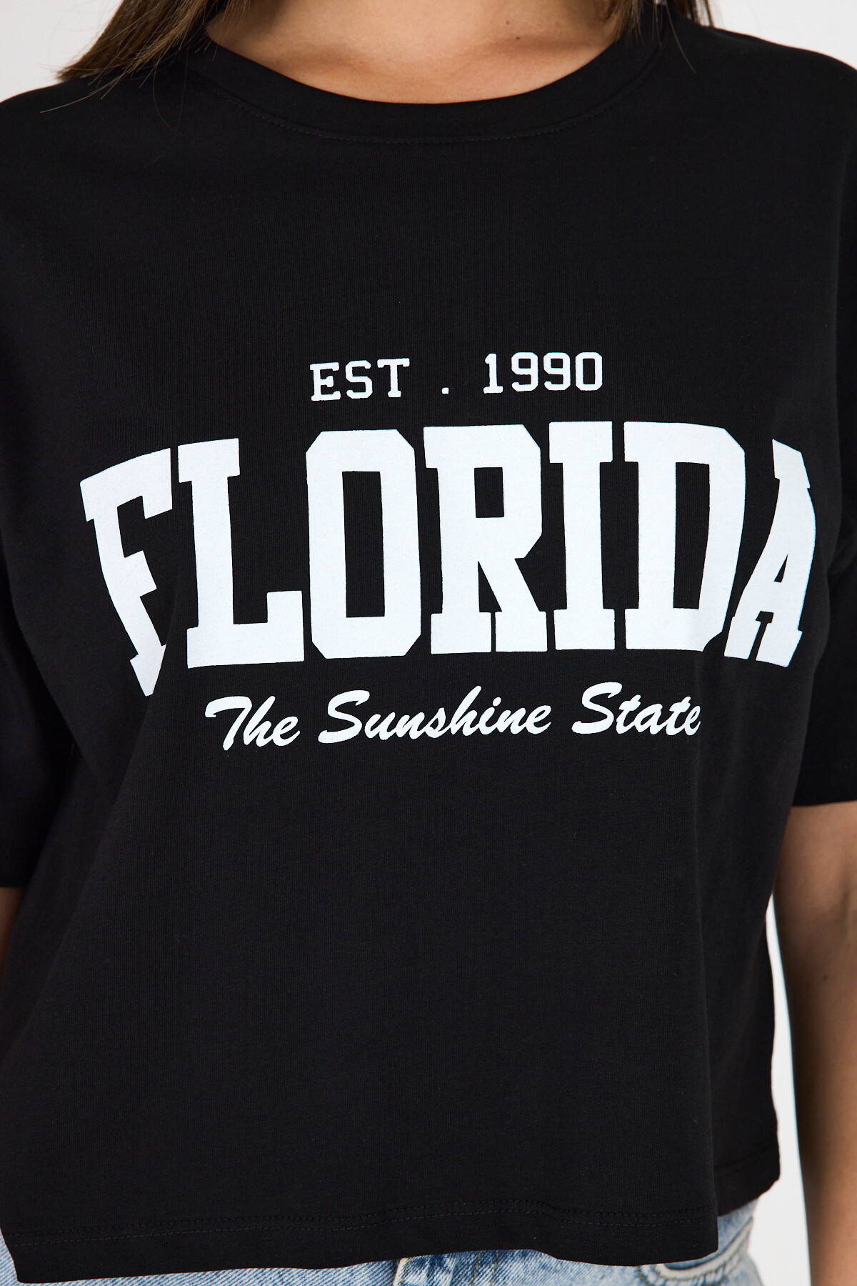 Siyah Yazı Baskılı %100 Pamuk Crop Tişört 9188M - 4