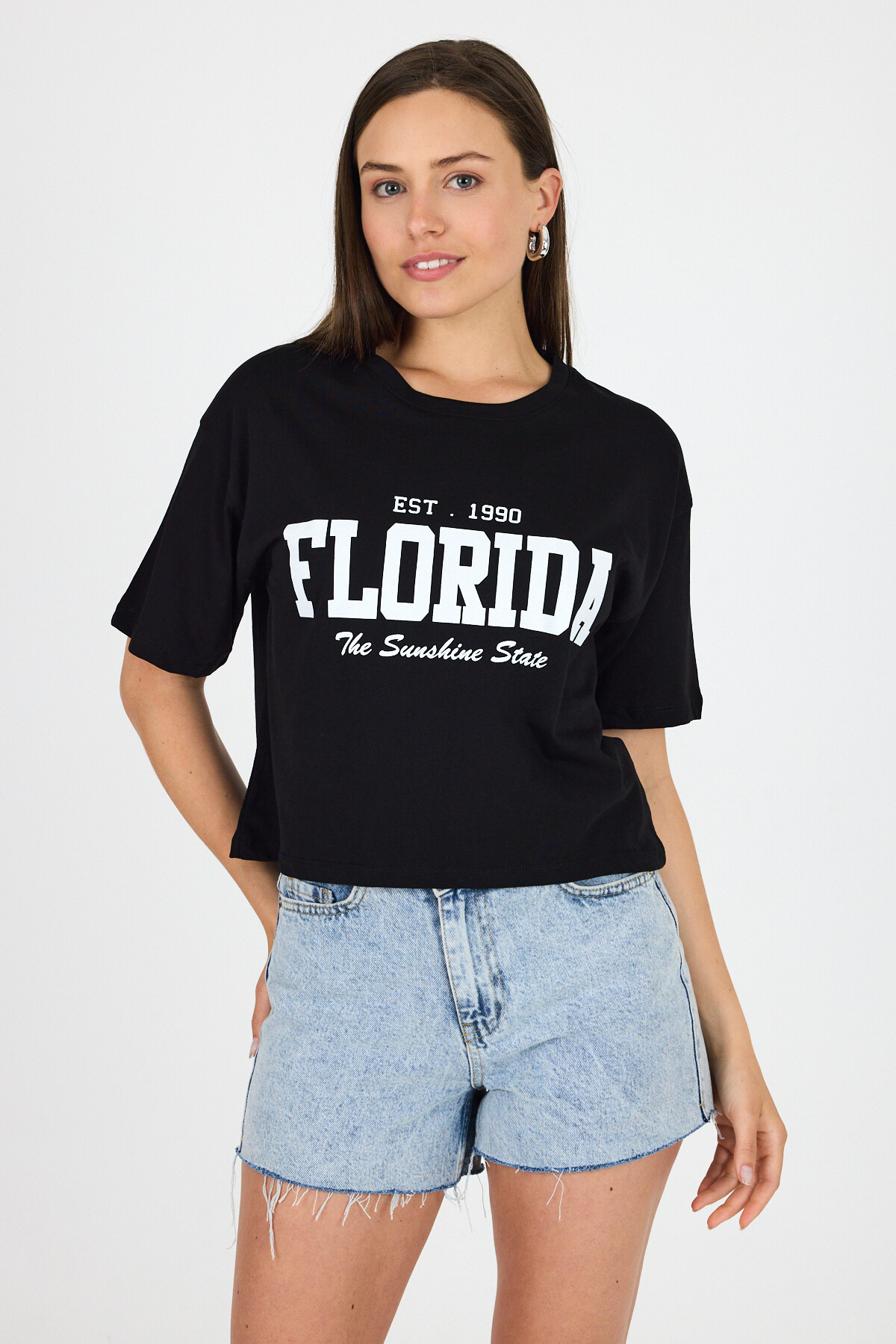 Siyah Yazı Baskılı %100 Pamuk Crop Tişört 9188M - 2