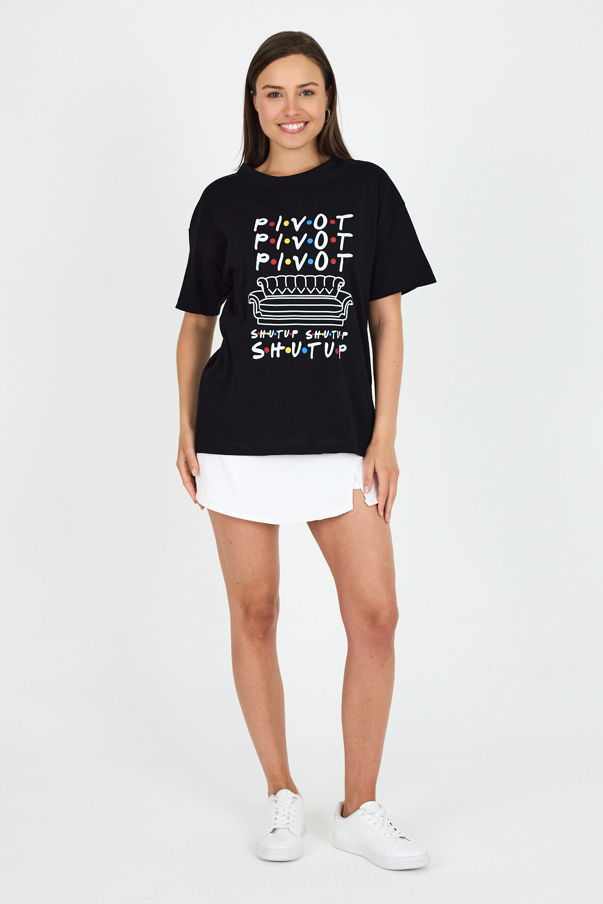 Siyah Yazı Baskılı %100 Pamuk Oversize Tişört 2150-10M - RAYS