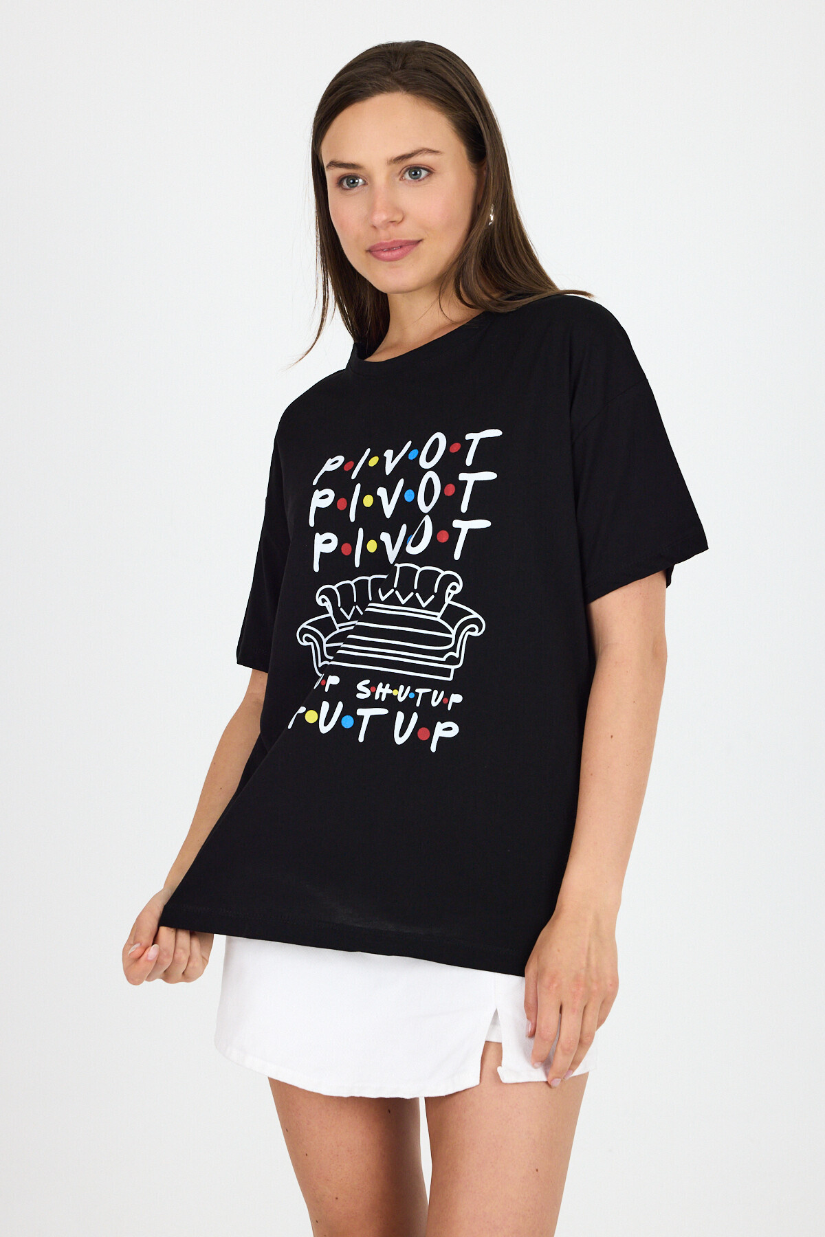 Siyah Yazı Baskılı %100 Pamuk Oversize Tişört 2150-10M - RAYS