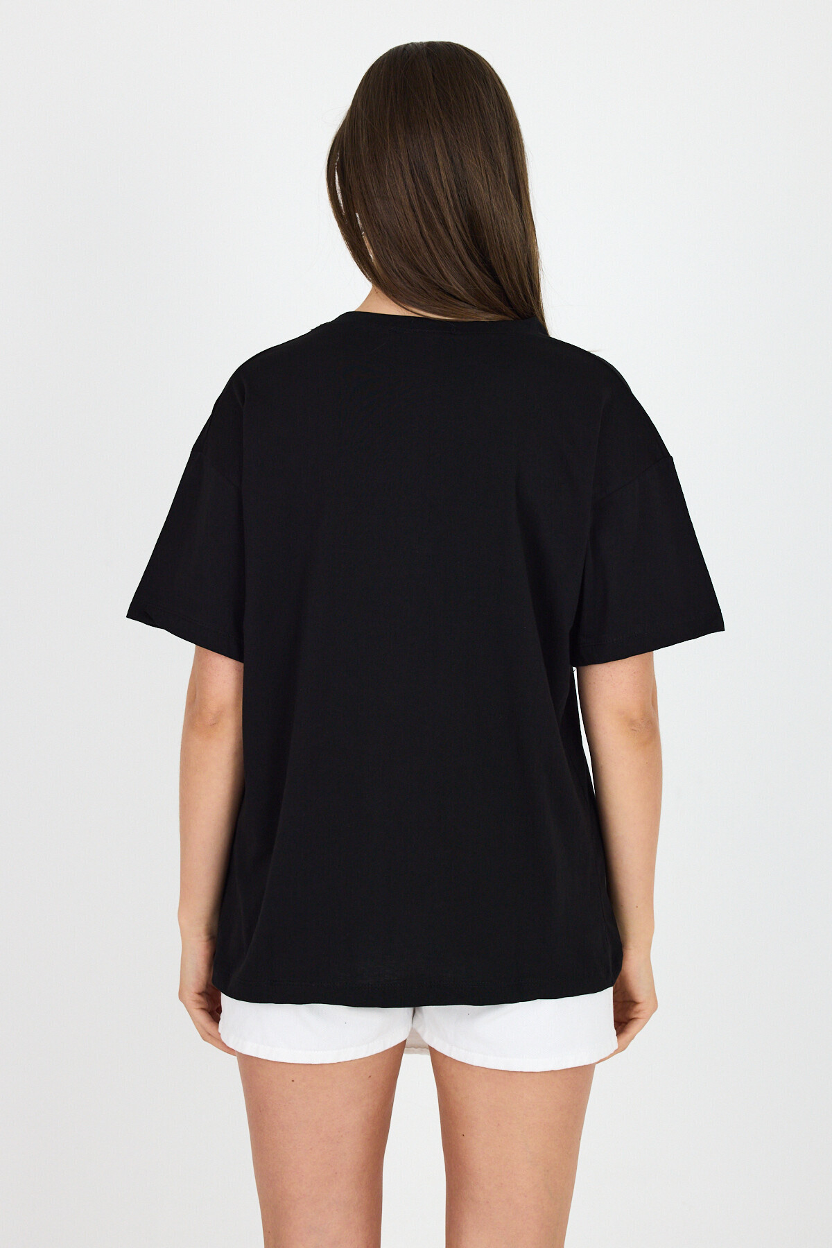 Siyah Yazı Baskılı %100 Pamuk Oversize Tişört 2150-10M - 5