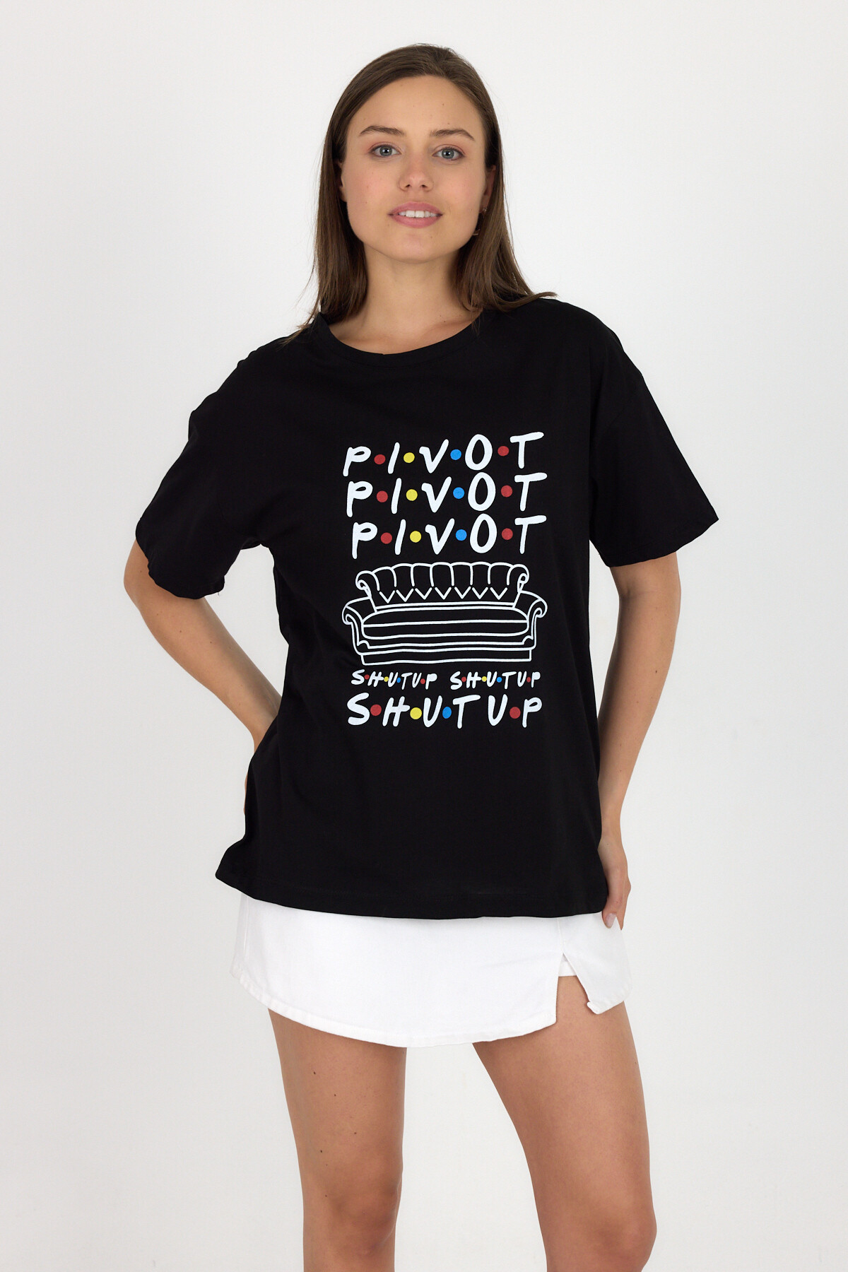 Siyah Yazı Baskılı %100 Pamuk Oversize Tişört 2150-10M - 1