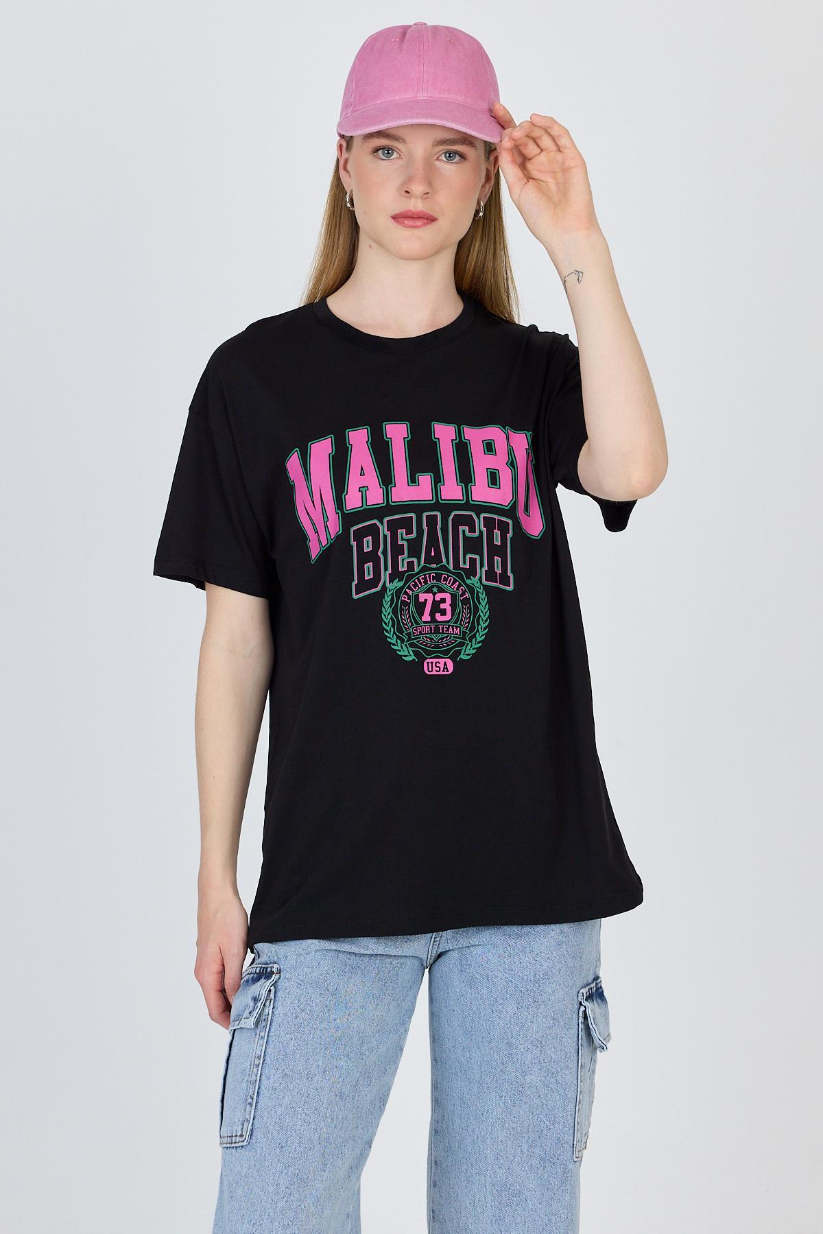 Siyah Yazı Baskılı %100 Pamuk Oversize Tişört 2150-17M - 1