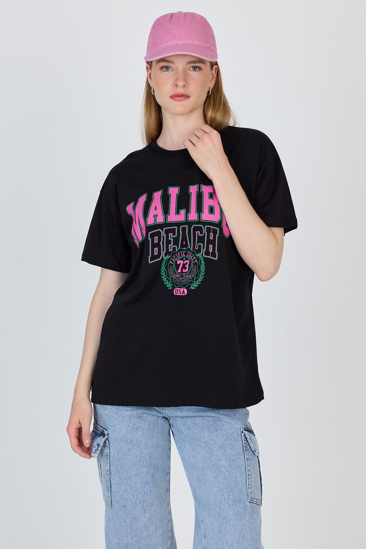 Siyah Yazı Baskılı %100 Pamuk Oversize Tişört 2150-17M - 3