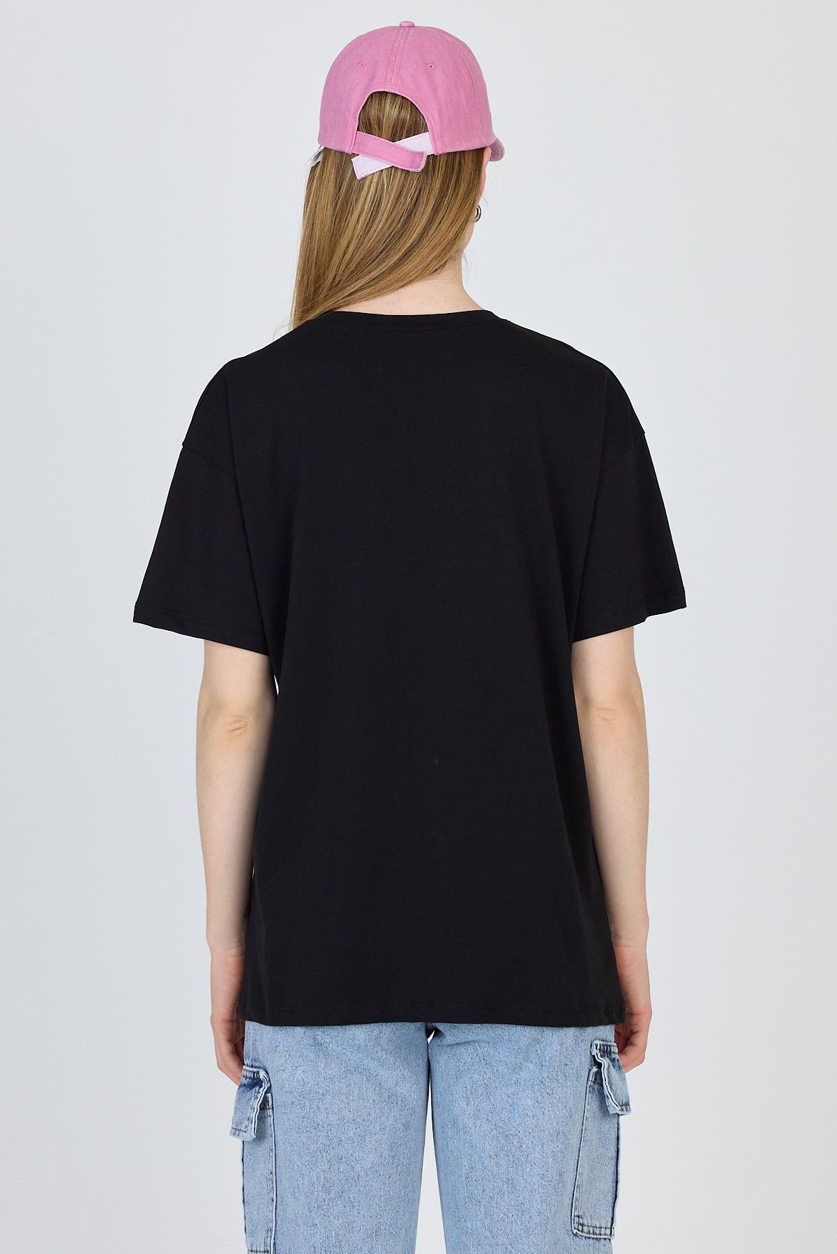 Siyah Yazı Baskılı %100 Pamuk Oversize Tişört 2150-17M - 5
