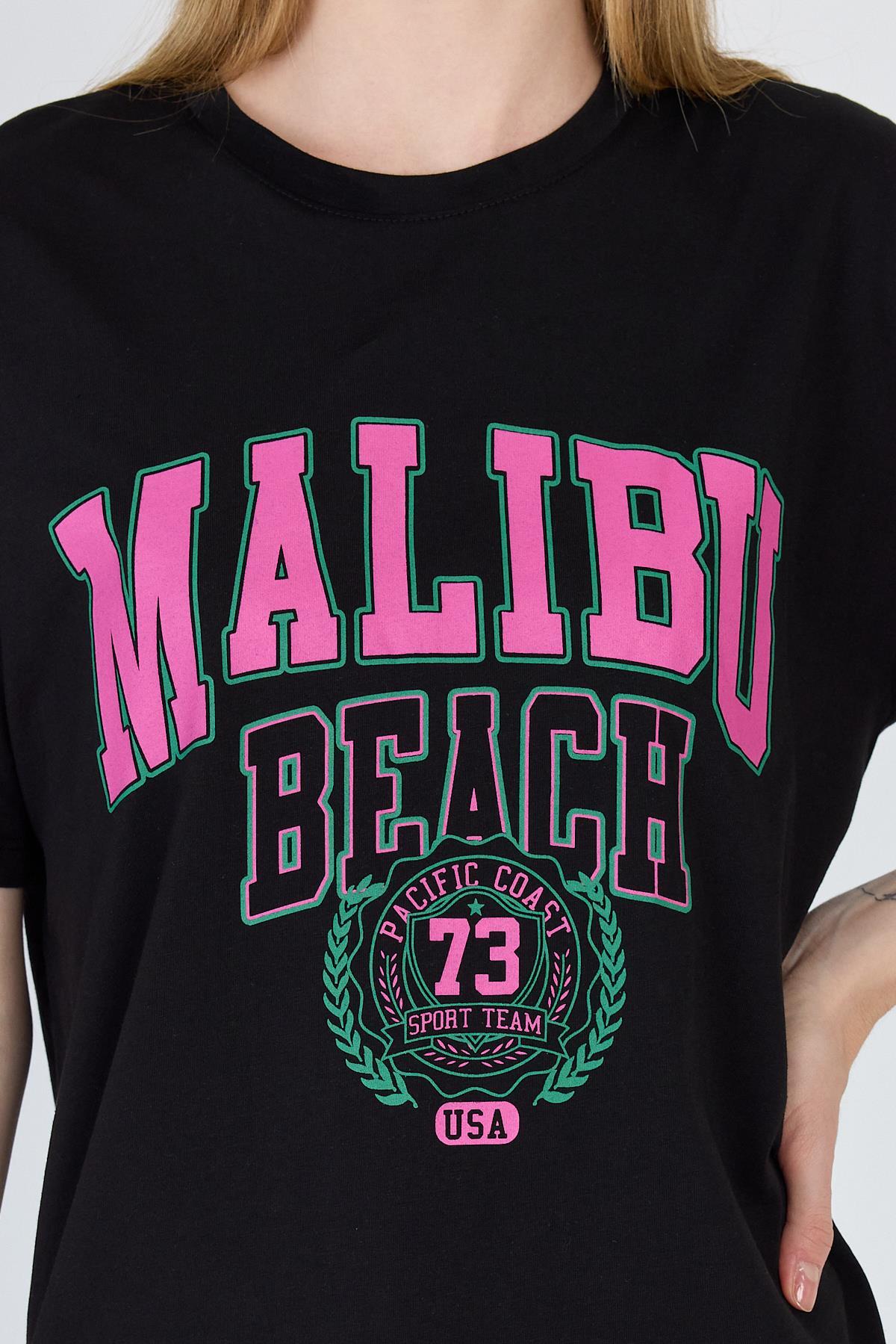 Siyah Yazı Baskılı %100 Pamuk Oversize Tişört 2150-17M - 4