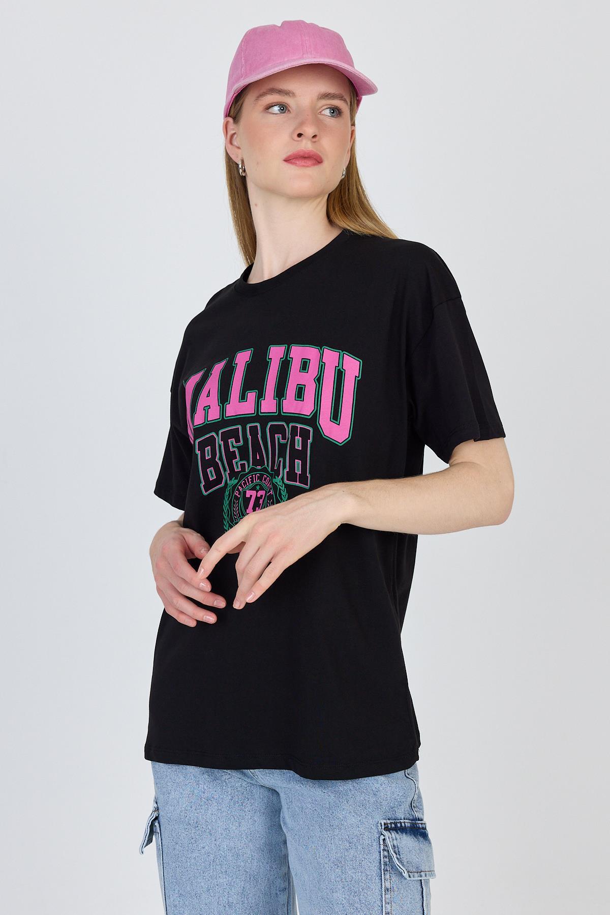 Siyah Yazı Baskılı %100 Pamuk Oversize Tişört 2150-17M - 6