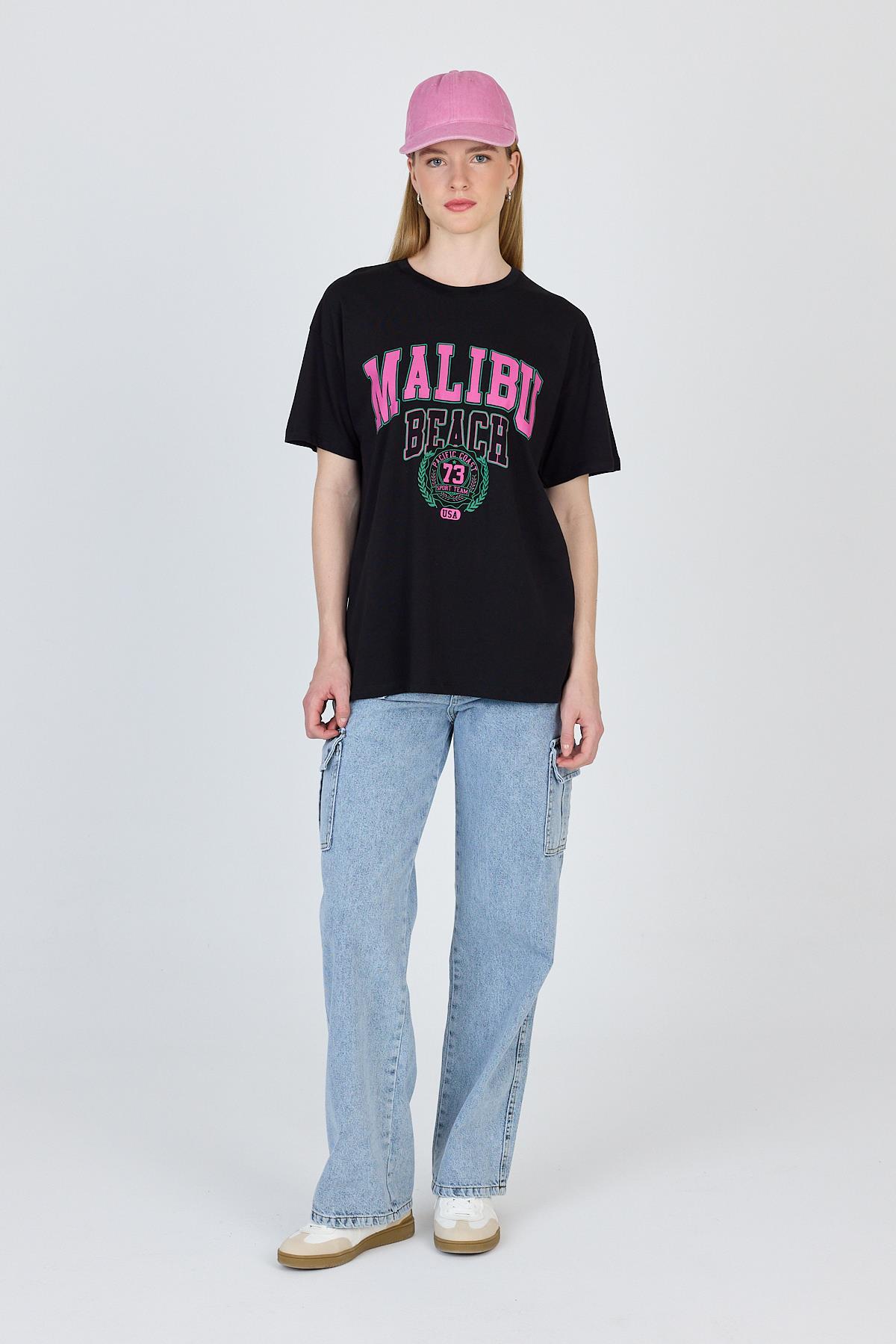 Siyah Yazı Baskılı %100 Pamuk Oversize Tişört 2150-17M - 2