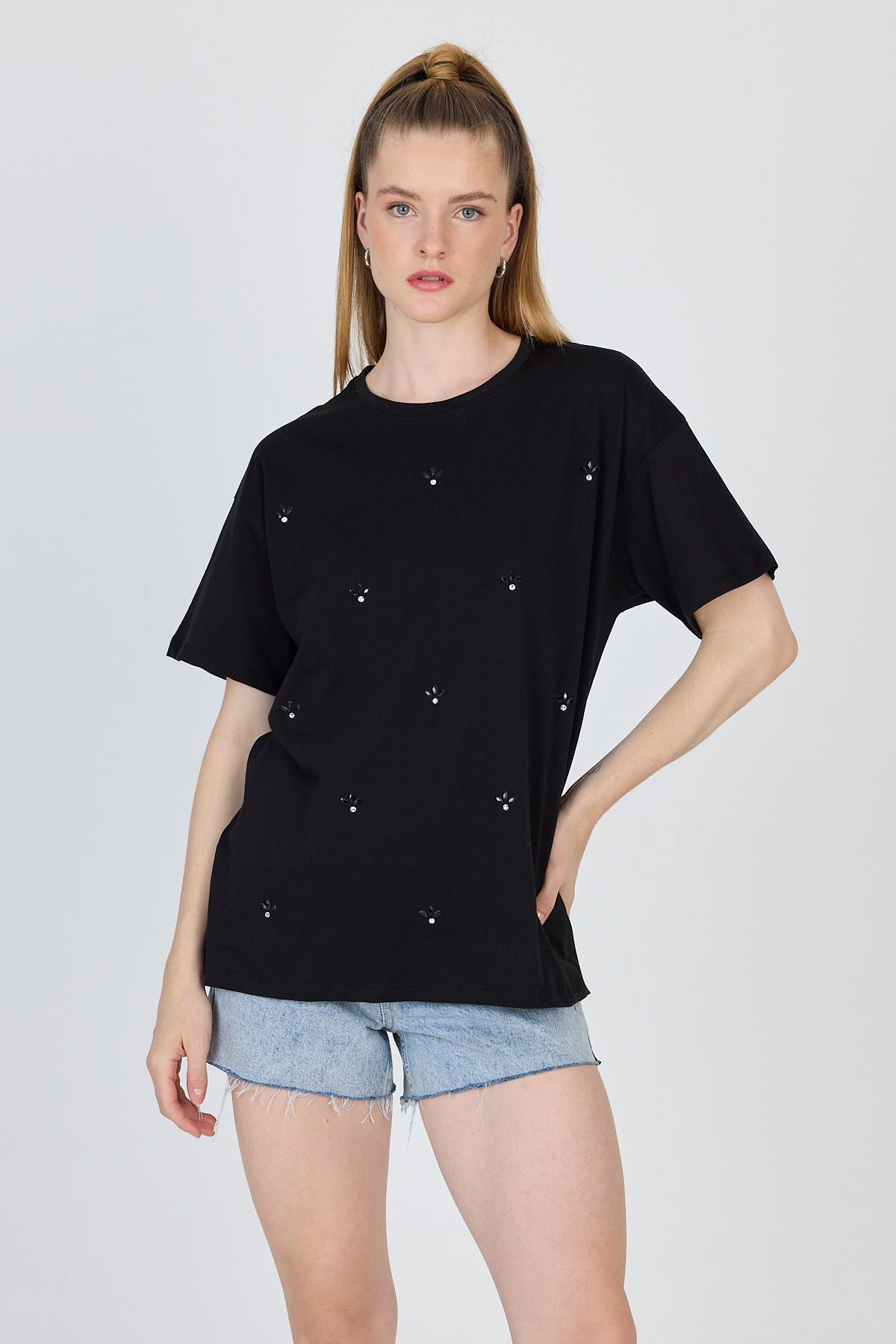 Siyah Yazı Baskılı %100 Pamuk Oversize Tişört 2150-18M - 3