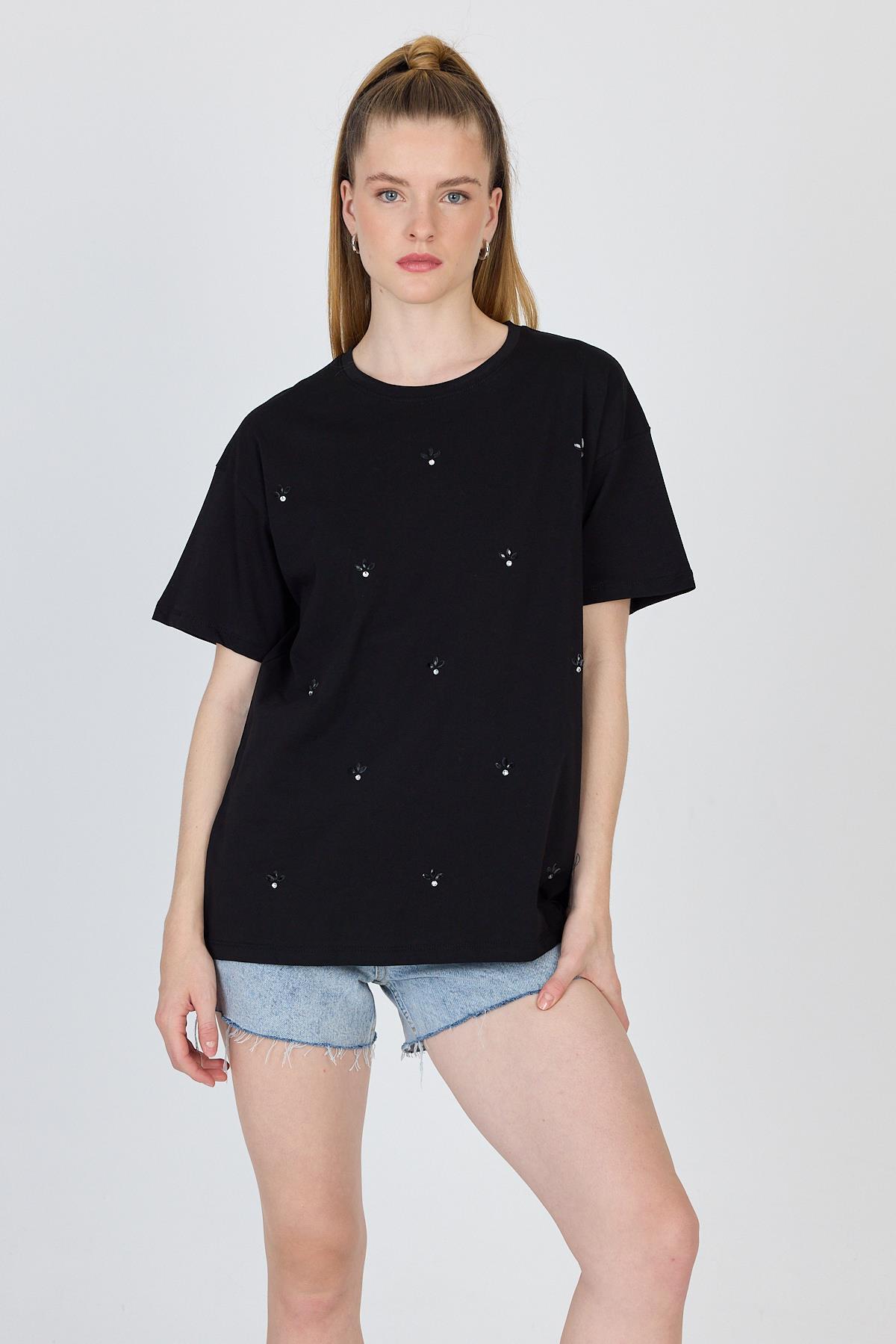 Siyah Yazı Baskılı %100 Pamuk Oversize Tişört 2150-18M - RAYS