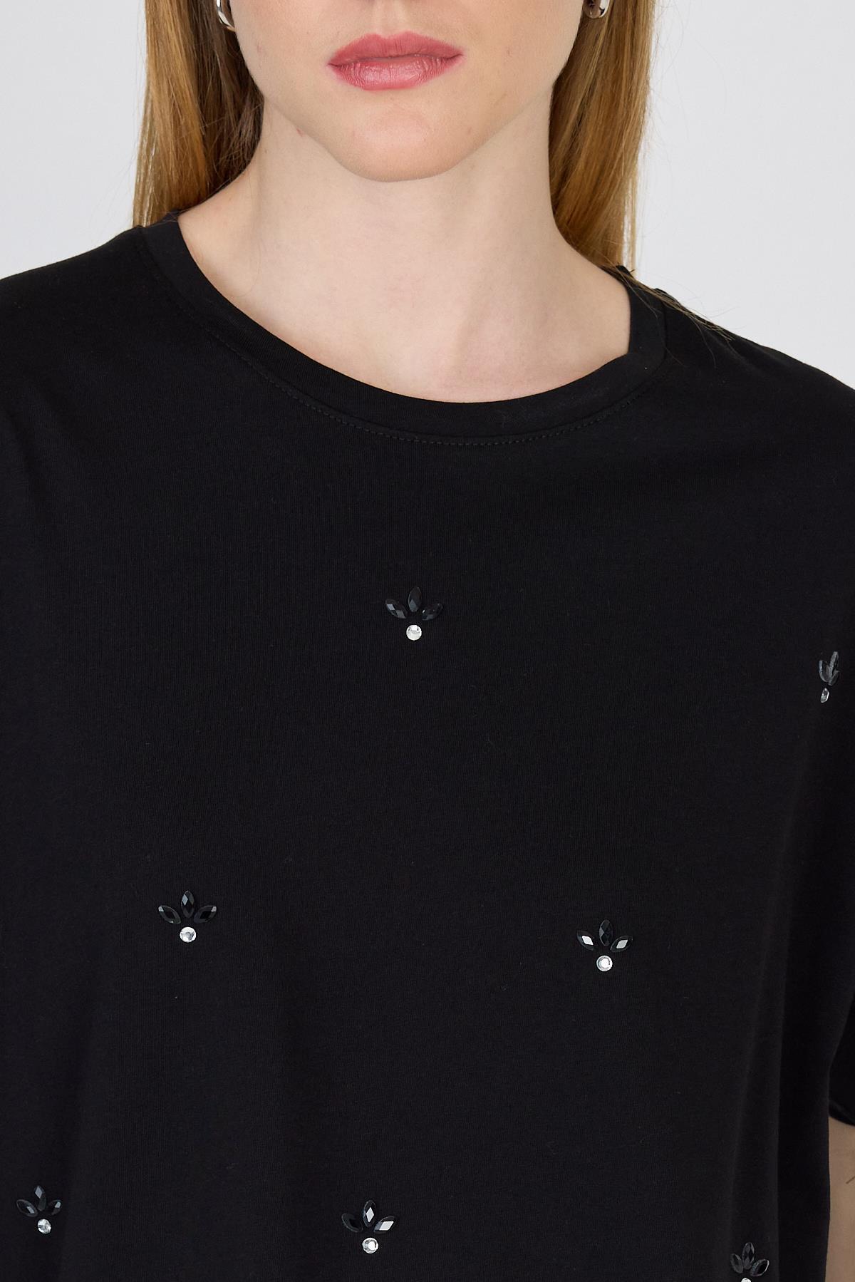 Siyah Yazı Baskılı %100 Pamuk Oversize Tişört 2150-18M - RAYS