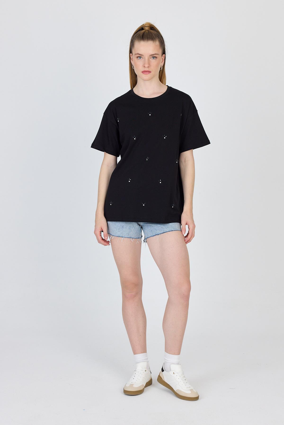 Siyah Yazı Baskılı %100 Pamuk Oversize Tişört 2150-18M - 2