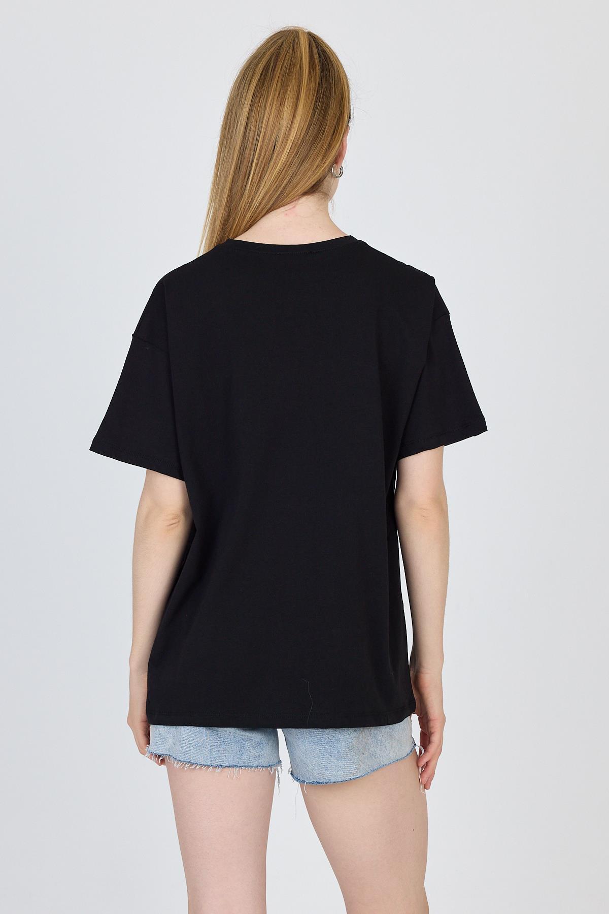 Siyah Yazı Baskılı %100 Pamuk Oversize Tişört 2150-18M - 5