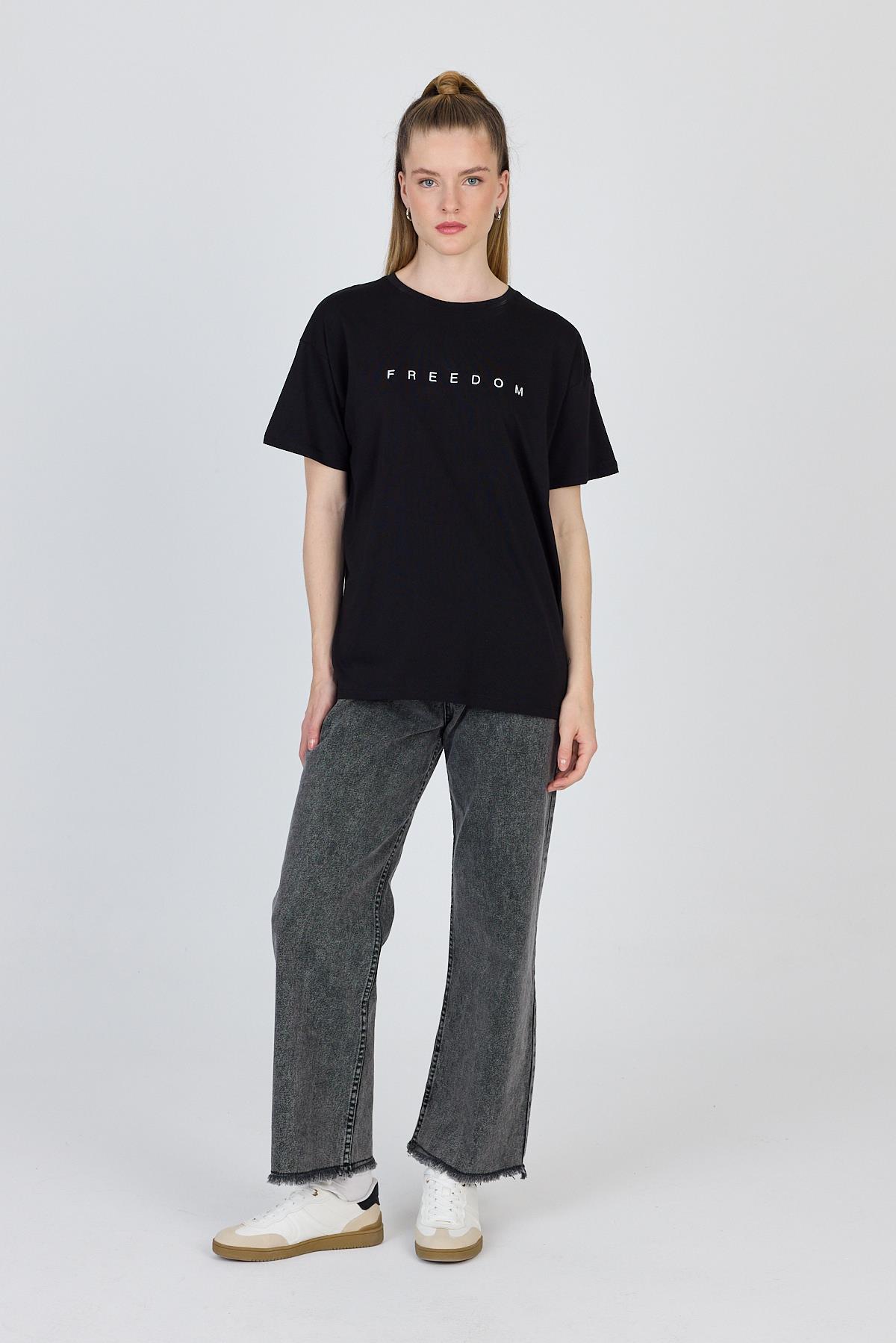 Siyah Yazı Baskılı %100 Pamuk Oversize Tişört 2150-3M - 3