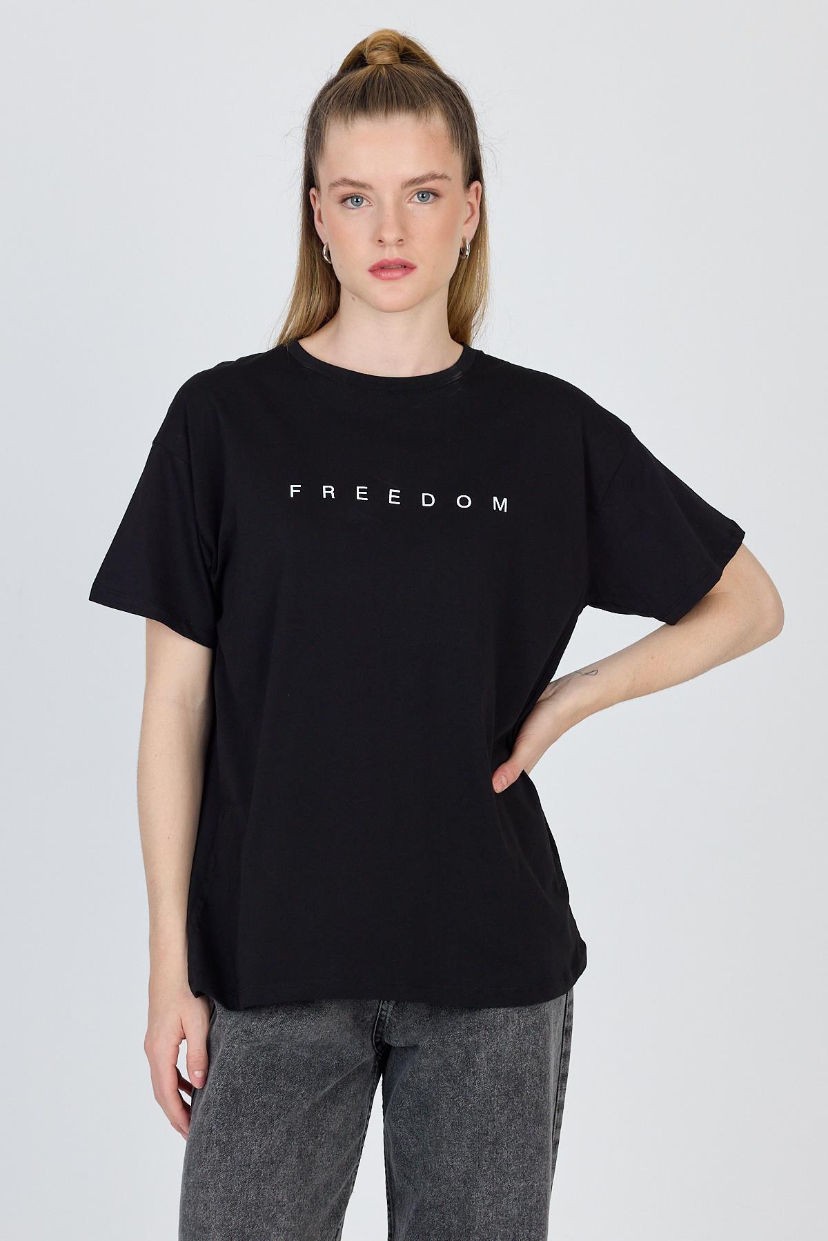 Siyah Yazı Baskılı %100 Pamuk Oversize Tişört 2150-3M - RAYS