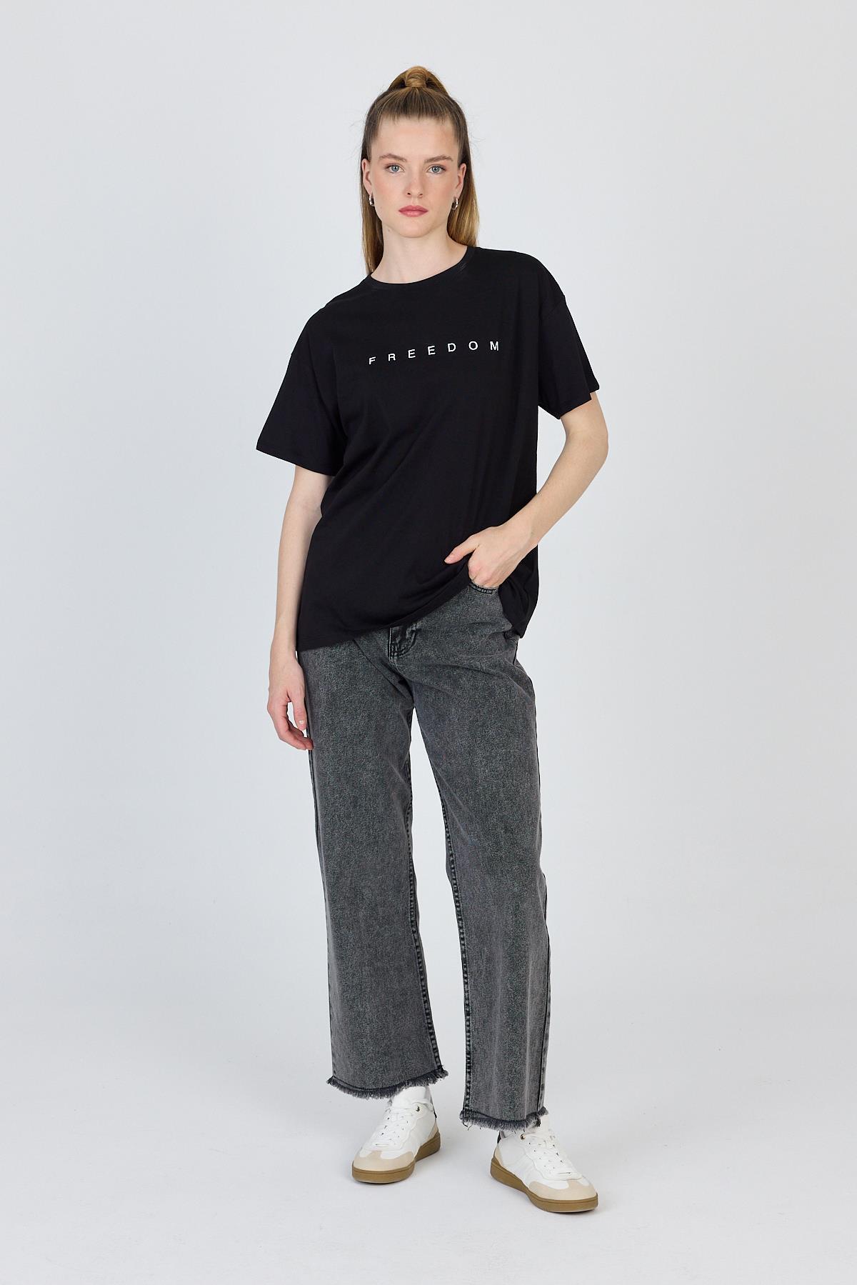 Siyah Yazı Baskılı %100 Pamuk Oversize Tişört 2150-3M - 7