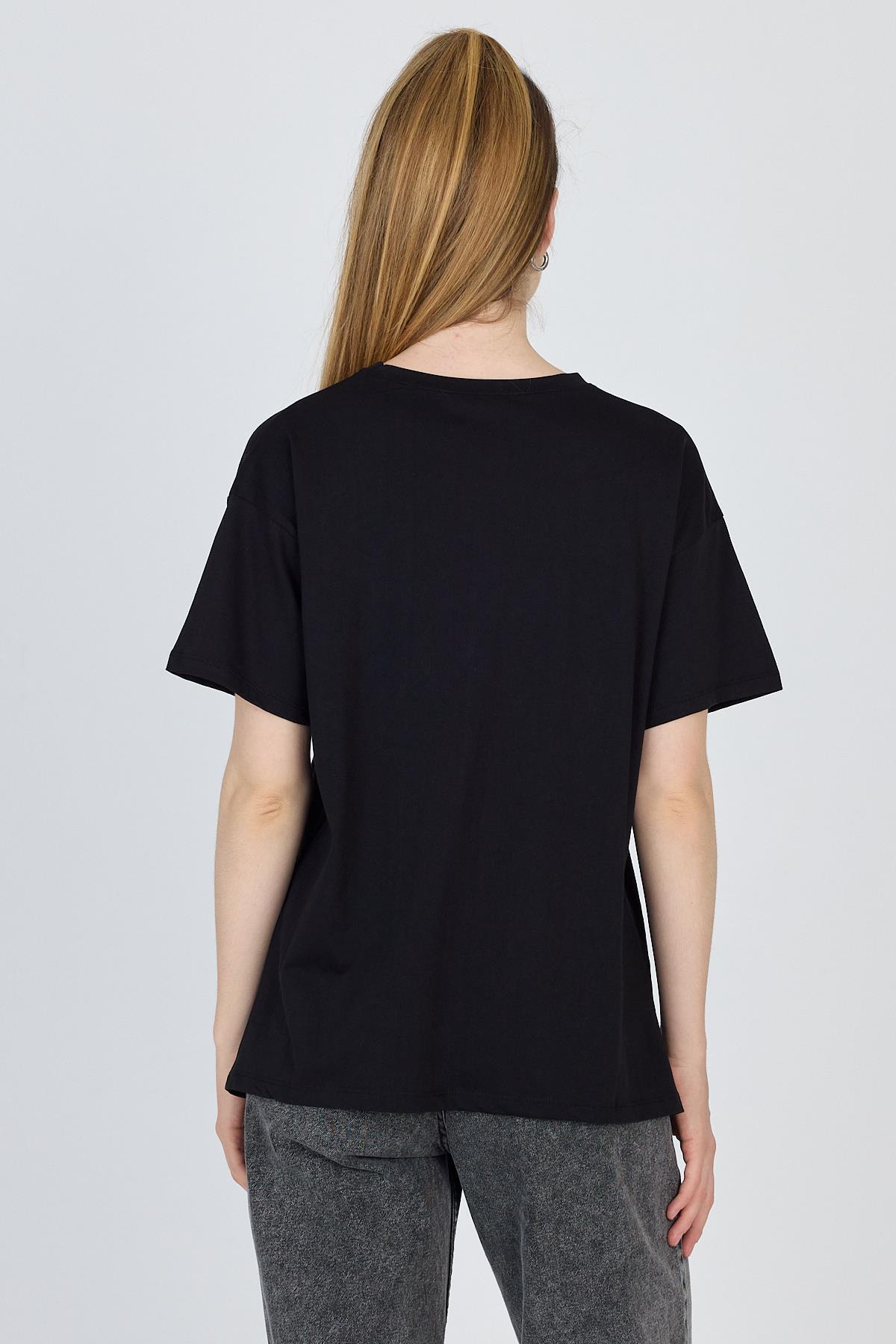Siyah Yazı Baskılı %100 Pamuk Oversize Tişört 2150-3M - 5