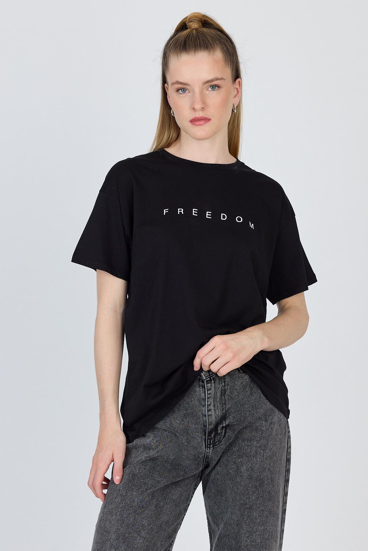 Siyah Yazı Baskılı %100 Pamuk Oversize Tişört 2150-3M - 2