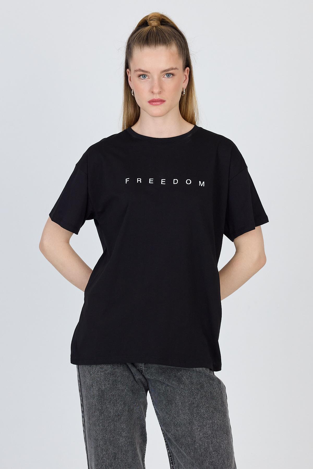 Siyah Yazı Baskılı %100 Pamuk Oversize Tişört 2150-3M - 6