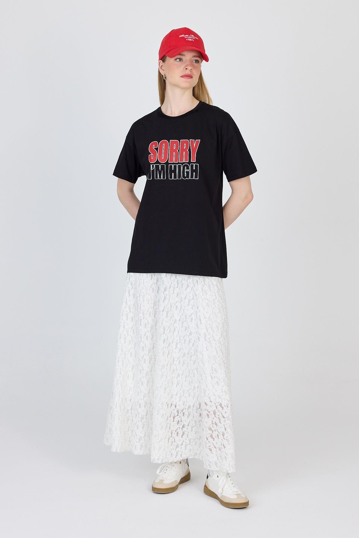 Siyah Yazı Baskılı %100 Pamuk Oversize Tişört 2150-7M - 6