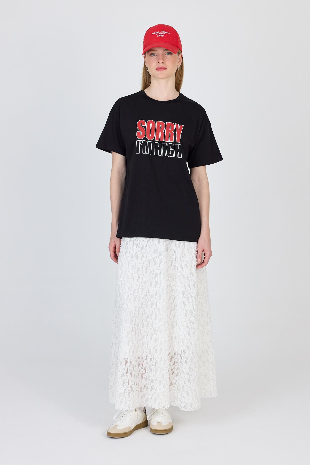 Siyah Yazı Baskılı %100 Pamuk Oversize Tişört 2150-7M - RAYS