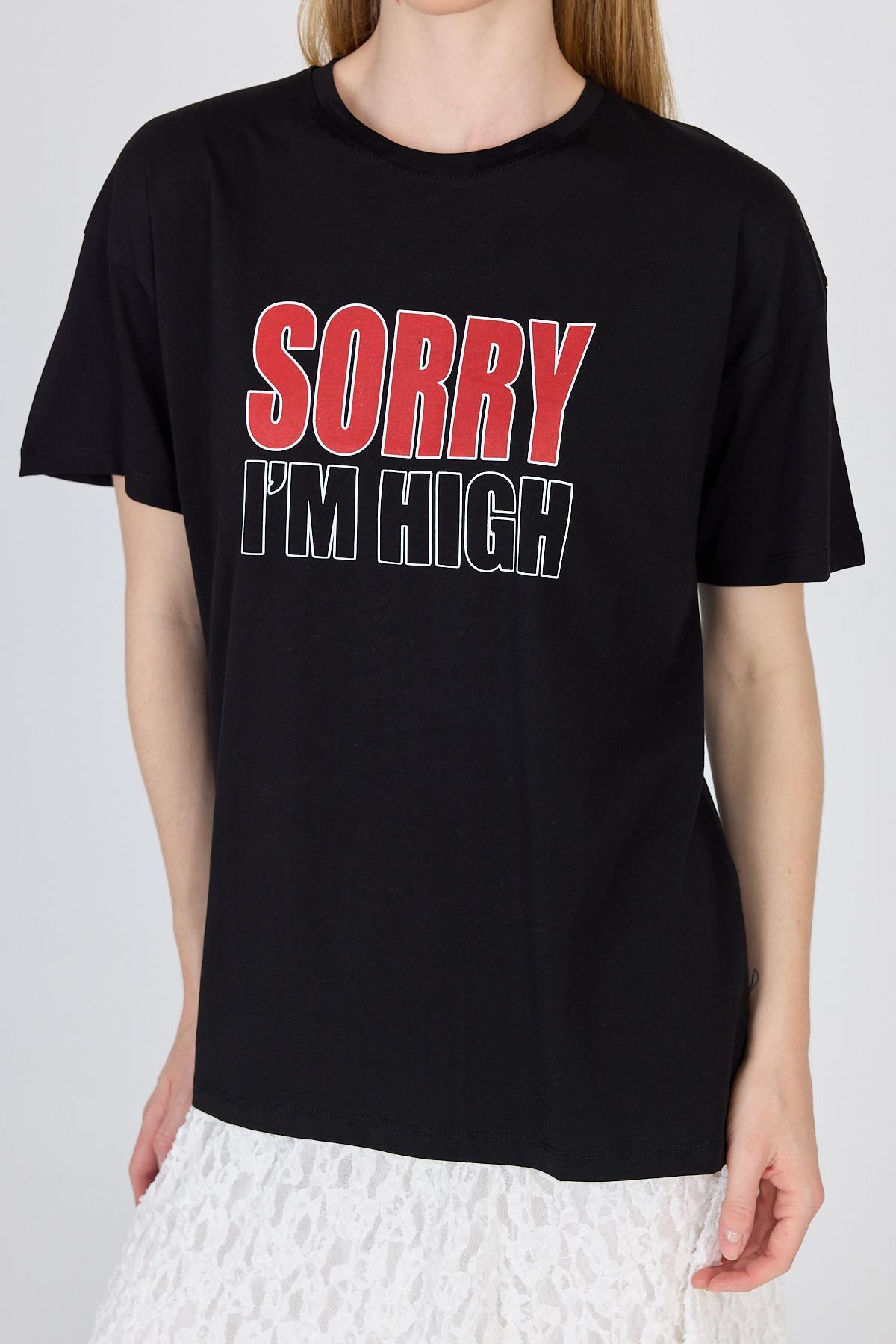 Siyah Yazı Baskılı %100 Pamuk Oversize Tişört 2150-7M - 3