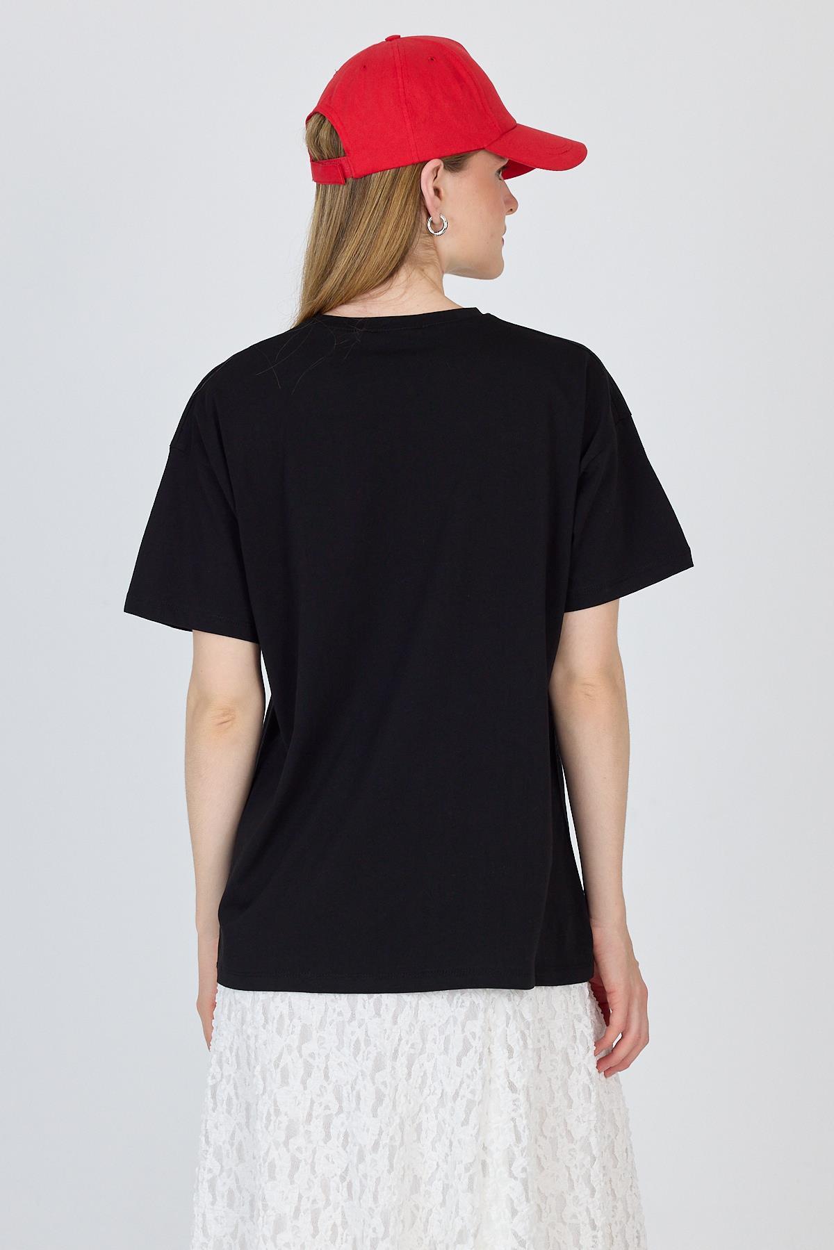 Siyah Yazı Baskılı %100 Pamuk Oversize Tişört 2150-7M - 5