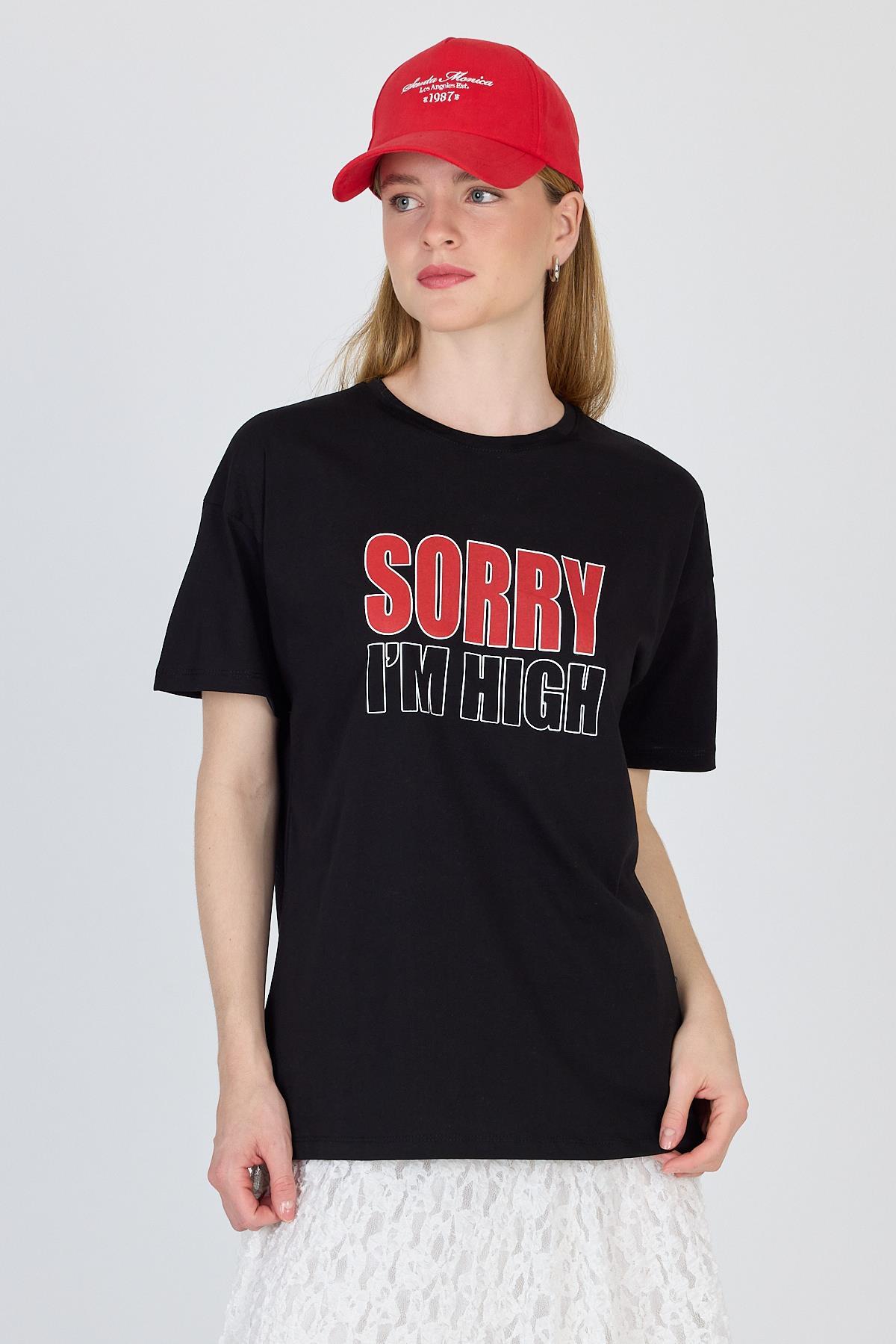 Siyah Yazı Baskılı %100 Pamuk Oversize Tişört 2150-7M - 1