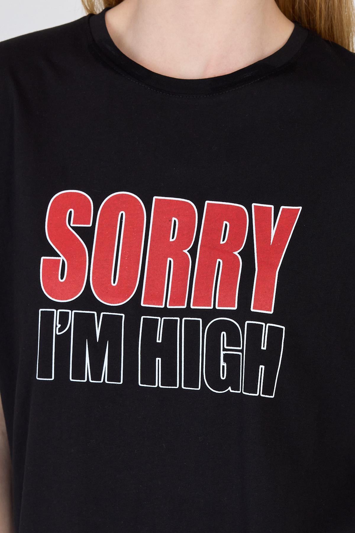 Siyah Yazı Baskılı %100 Pamuk Oversize Tişört 2150-7M - 4