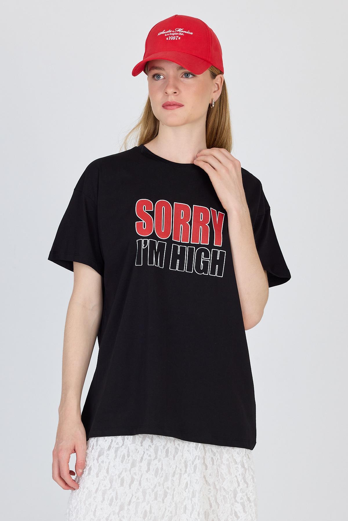 Siyah Yazı Baskılı %100 Pamuk Oversize Tişört 2150-7M - 7