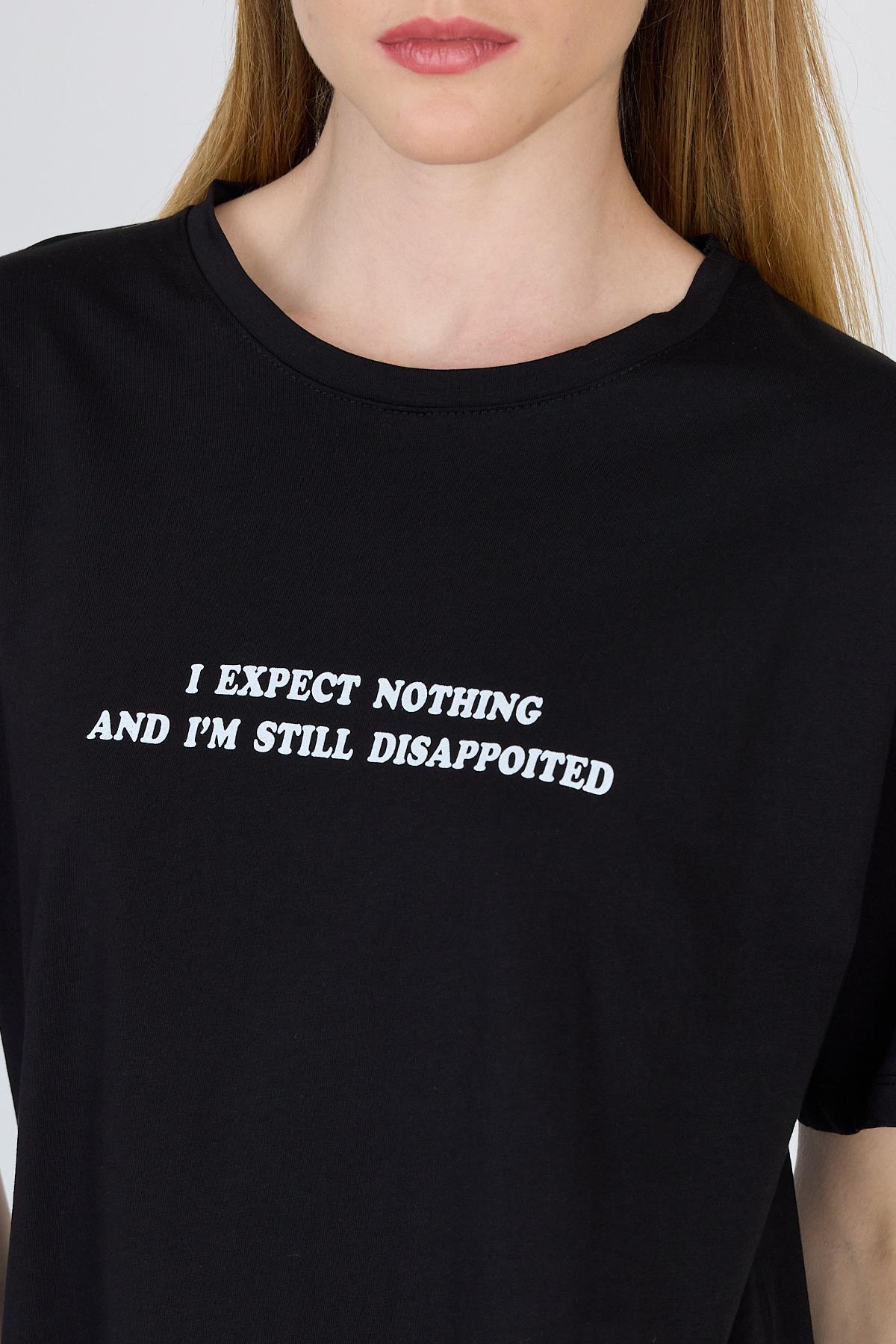Siyah Yazı Baskılı %100 Pamuk Oversize Tişört 2150-8M - RAYS