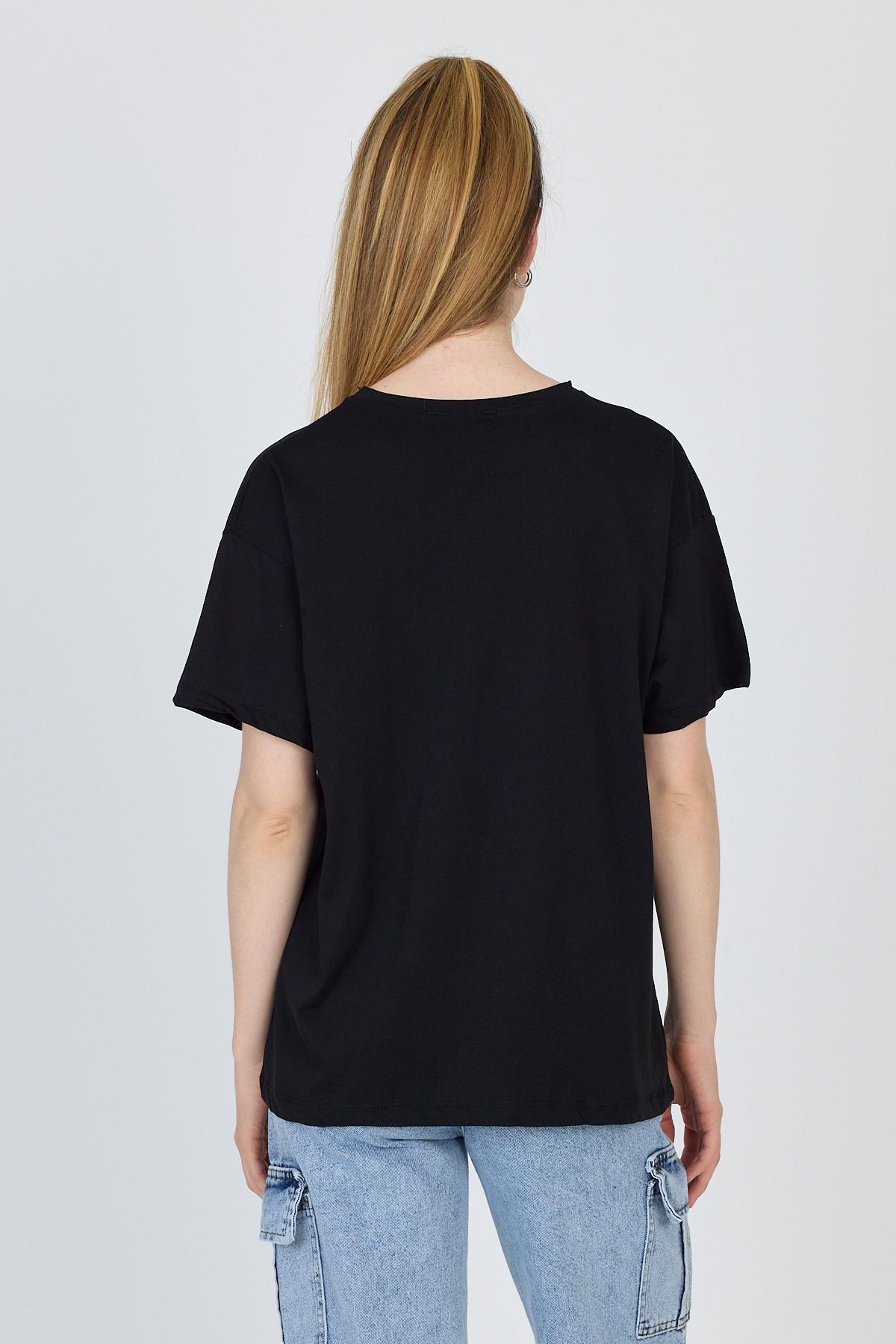 Siyah Yazı Baskılı %100 Pamuk Oversize Tişört 2150-8M - 5