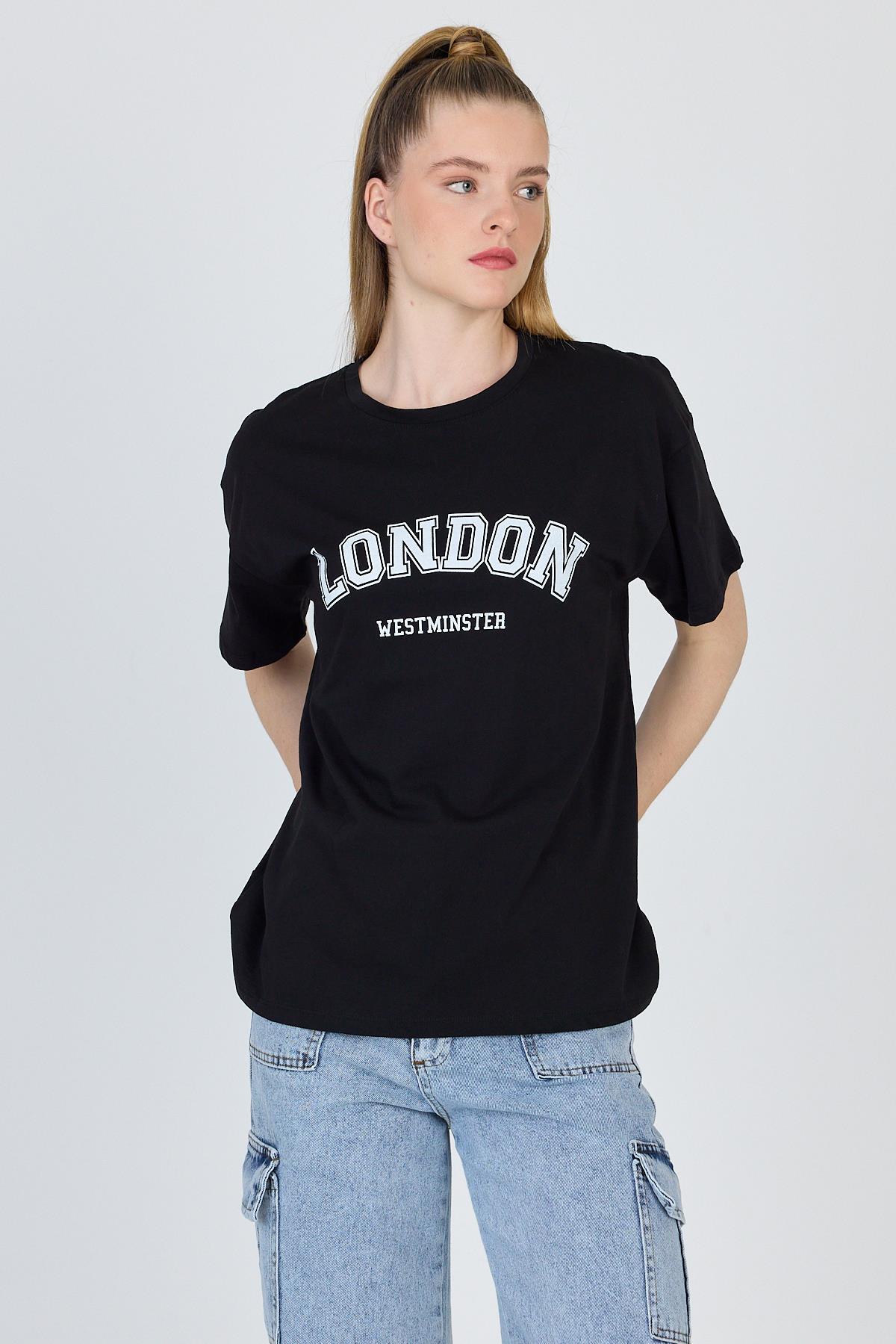 Siyah Yazı Baskılı %100 Pamuk Oversize Tişört 2150-9M - 3