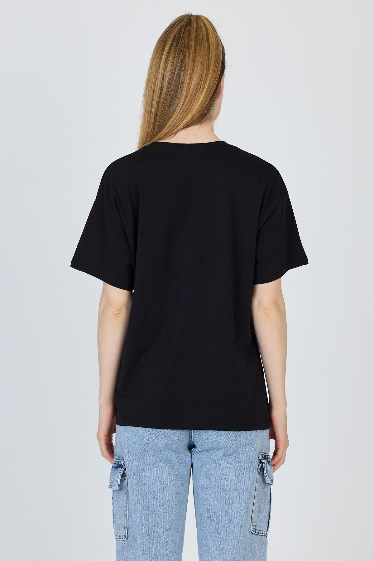 Siyah Yazı Baskılı %100 Pamuk Oversize Tişört 2150-9M - 4