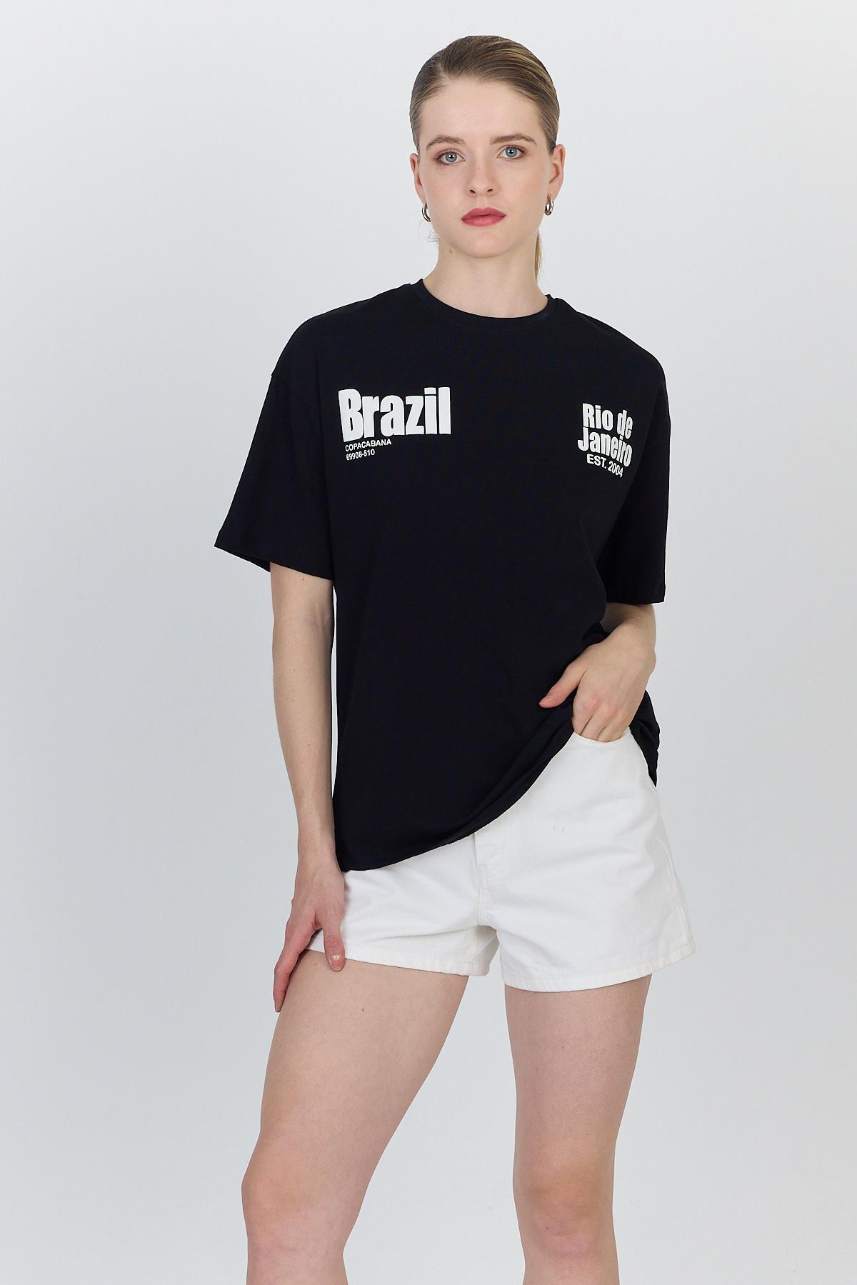 Siyah Yazı Baskılı %100 Pamuk Oversize Tişört 6403 - RAYS