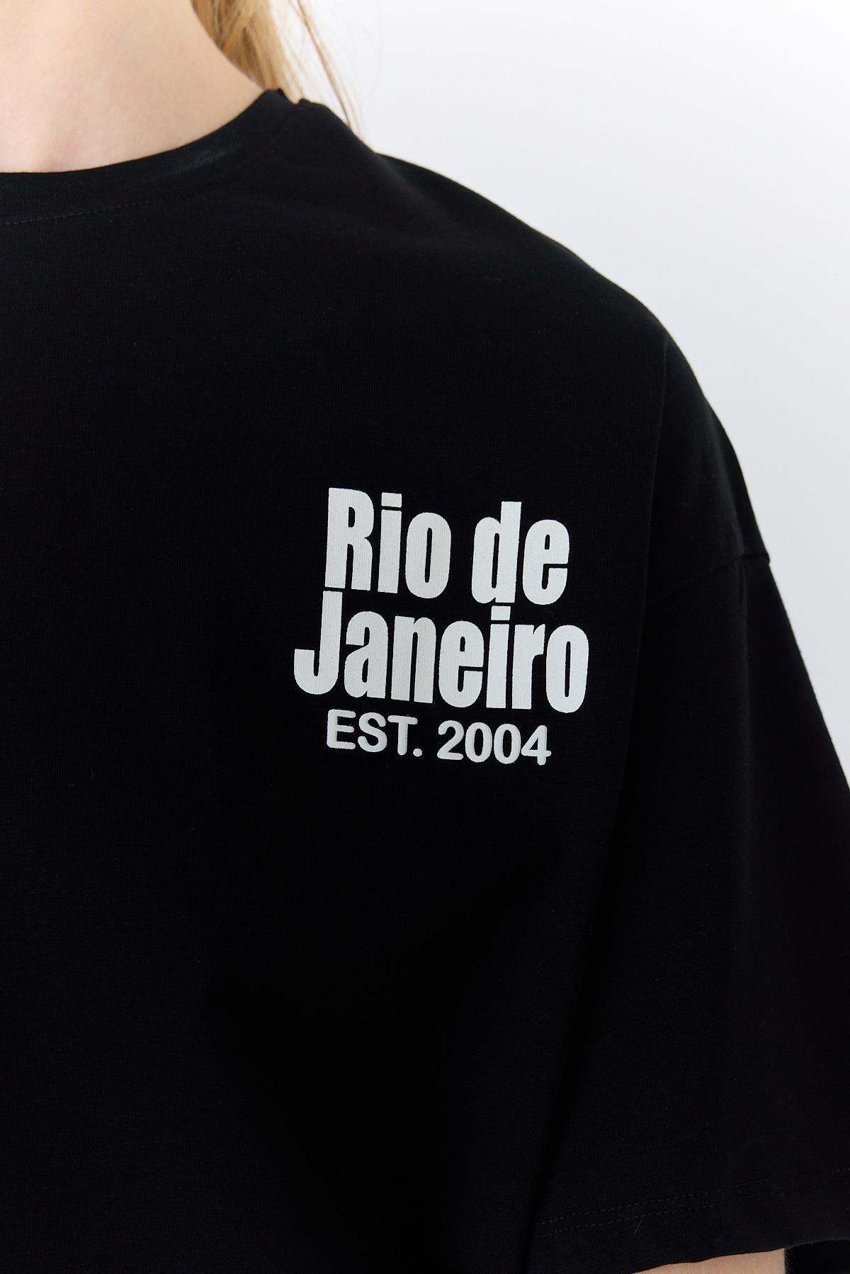 Siyah Yazı Baskılı %100 Pamuk Oversize Tişört 6403 - RAYS