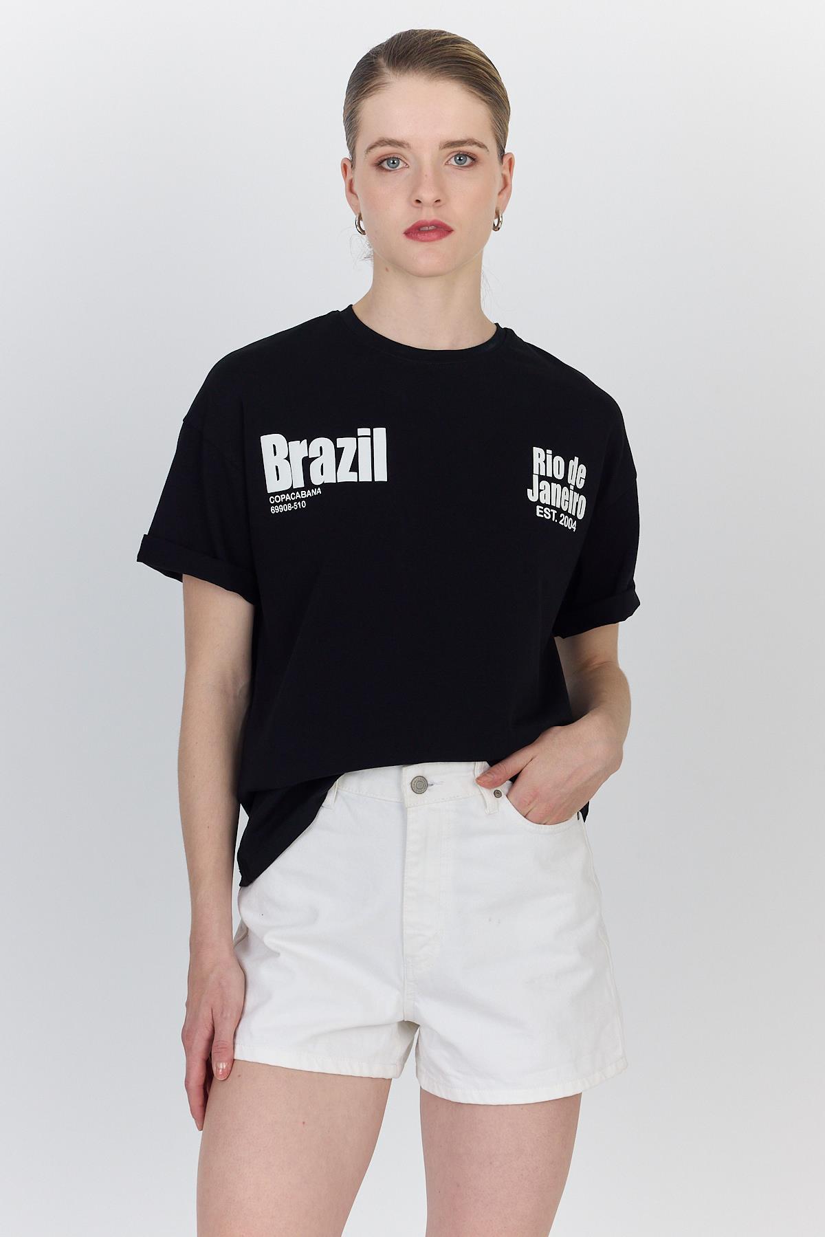 Siyah Yazı Baskılı %100 Pamuk Oversize Tişört 6403 - 2