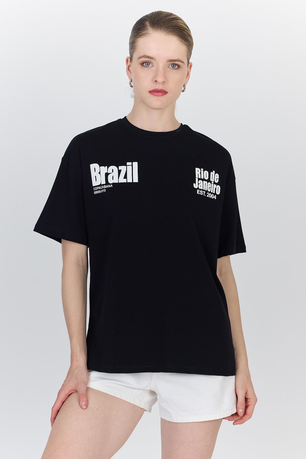 Siyah Yazı Baskılı %100 Pamuk Oversize Tişört 6403 - 3