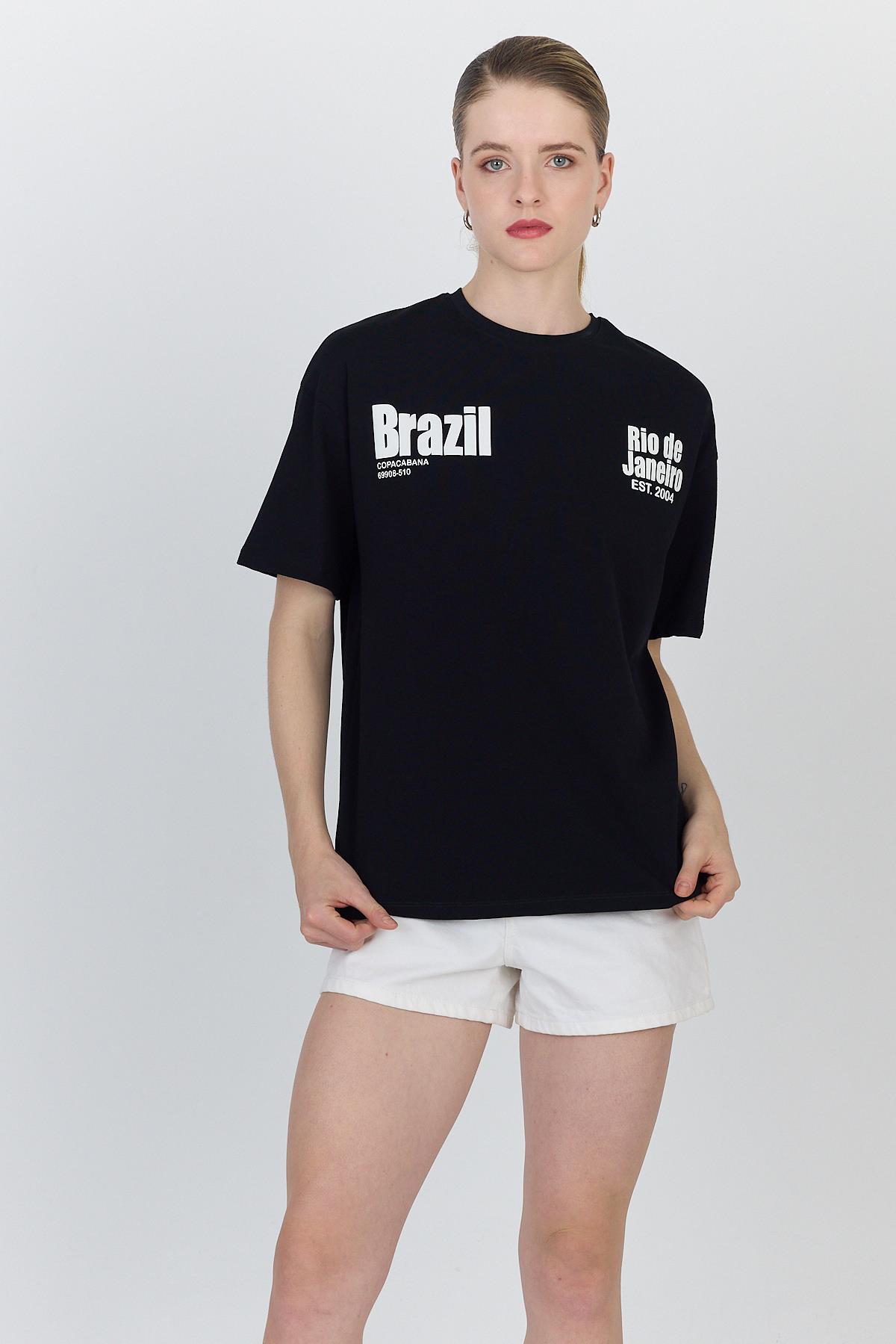 Siyah Yazı Baskılı %100 Pamuk Oversize Tişört 6403 - 8