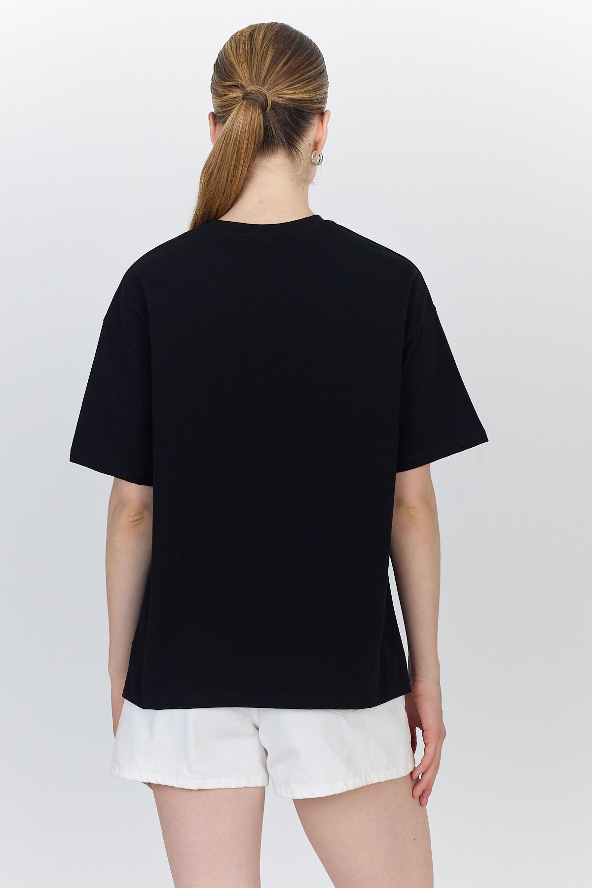 Siyah Yazı Baskılı %100 Pamuk Oversize Tişört 6403 - 5