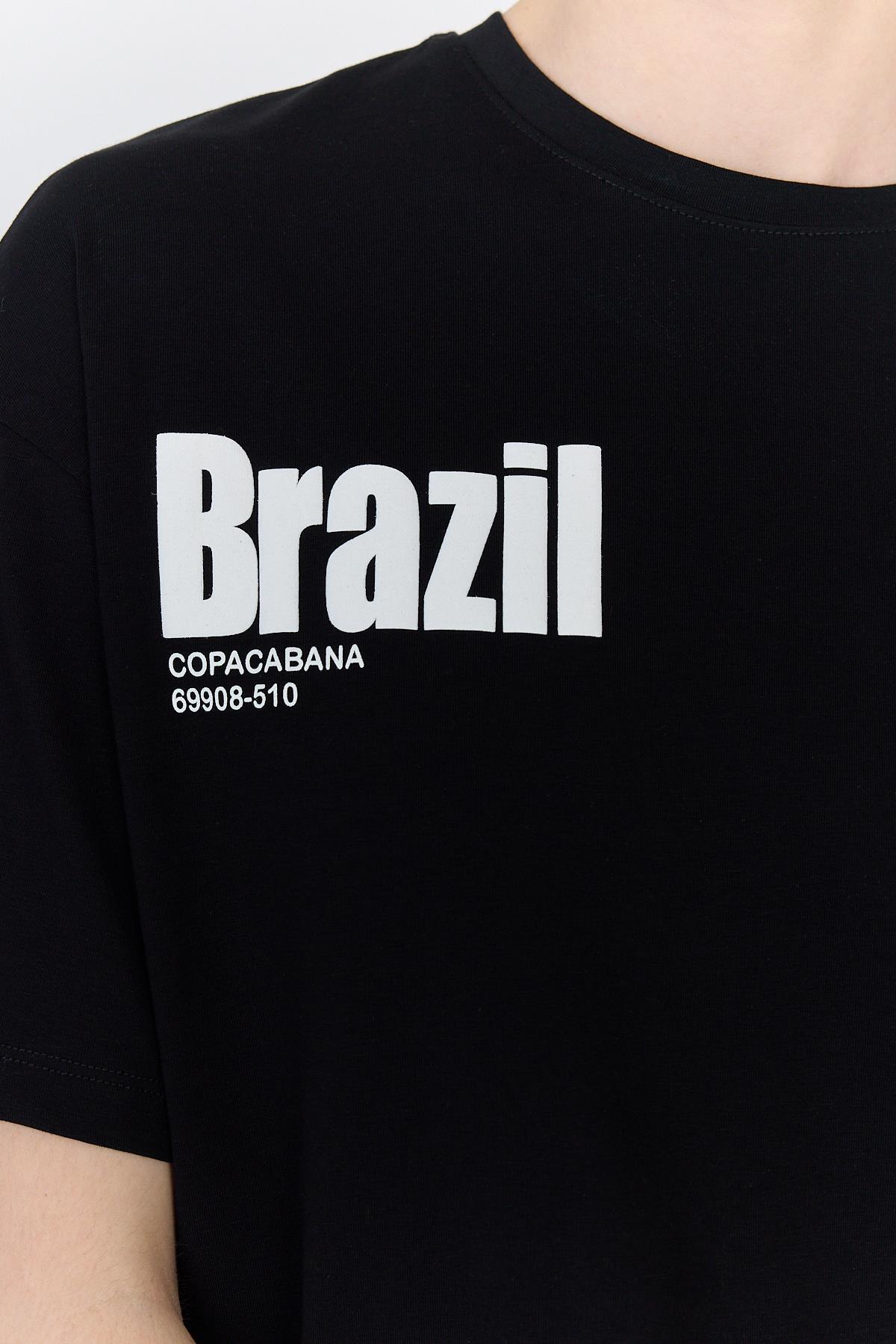 Siyah Yazı Baskılı %100 Pamuk Oversize Tişört 6403 - 6