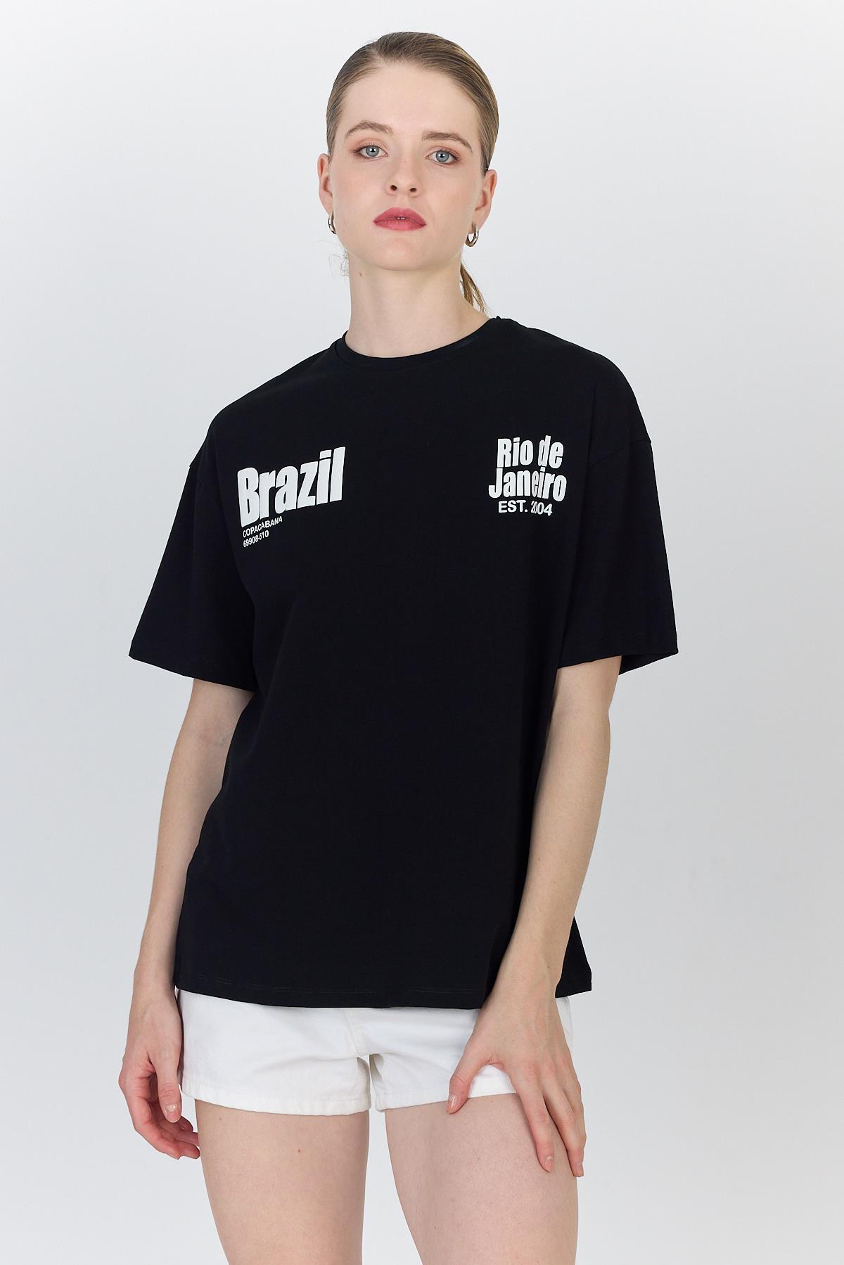 Siyah Yazı Baskılı %100 Pamuk Oversize Tişört 6403 - 7