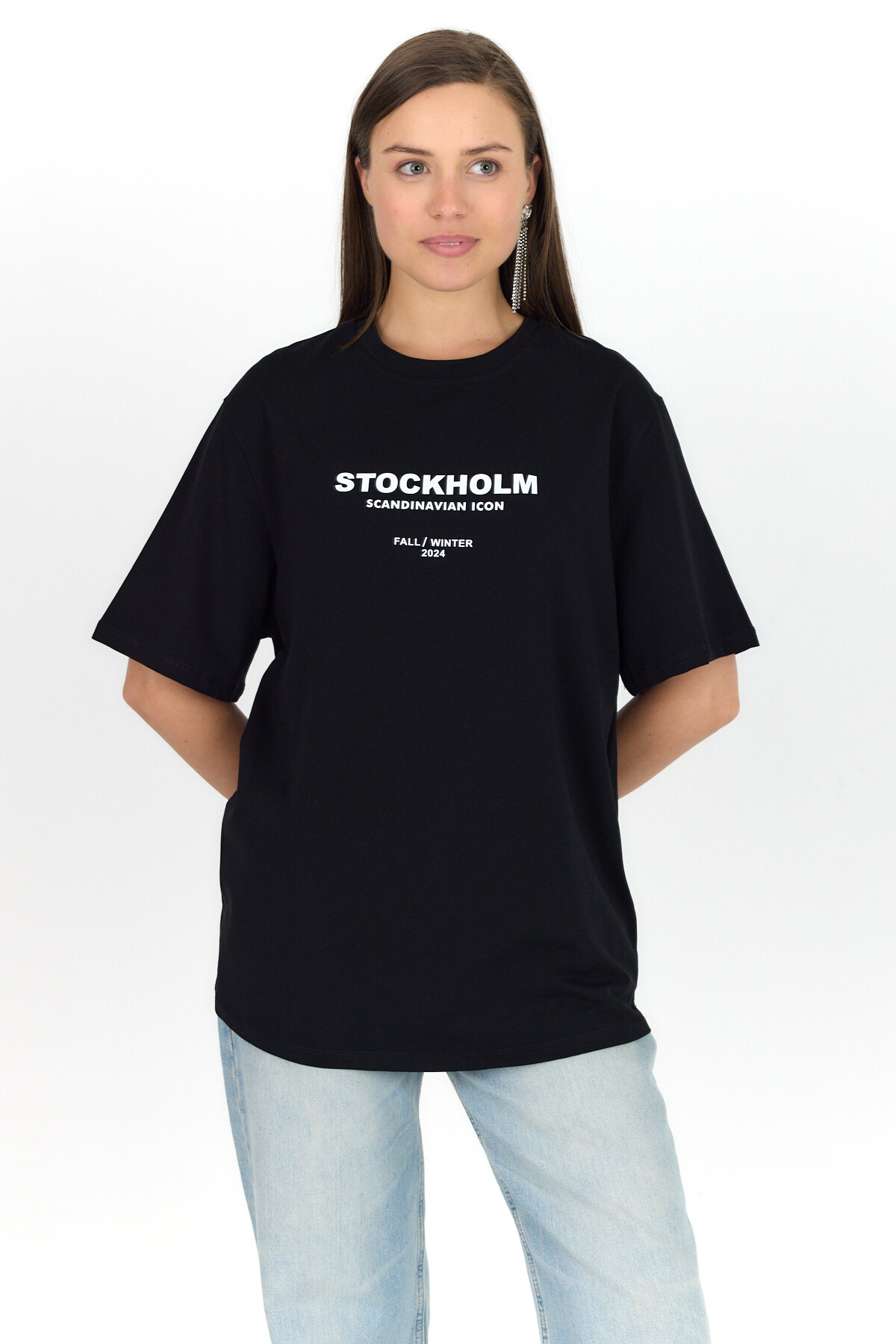 Siyah Yazı Baskılı Bisiklet Yaka OversizeTişört 6056 - RAYS