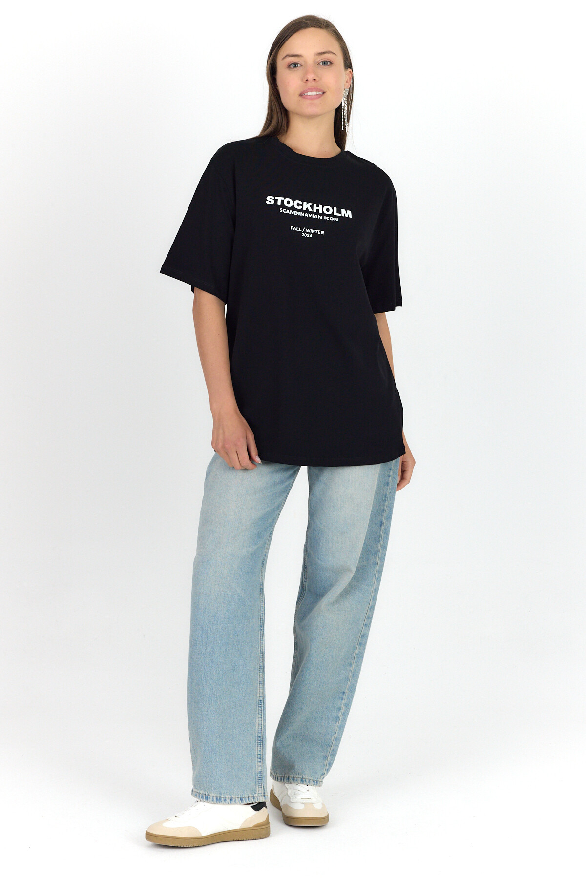 Siyah Yazı Baskılı Bisiklet Yaka OversizeTişört 6056 - RAYS