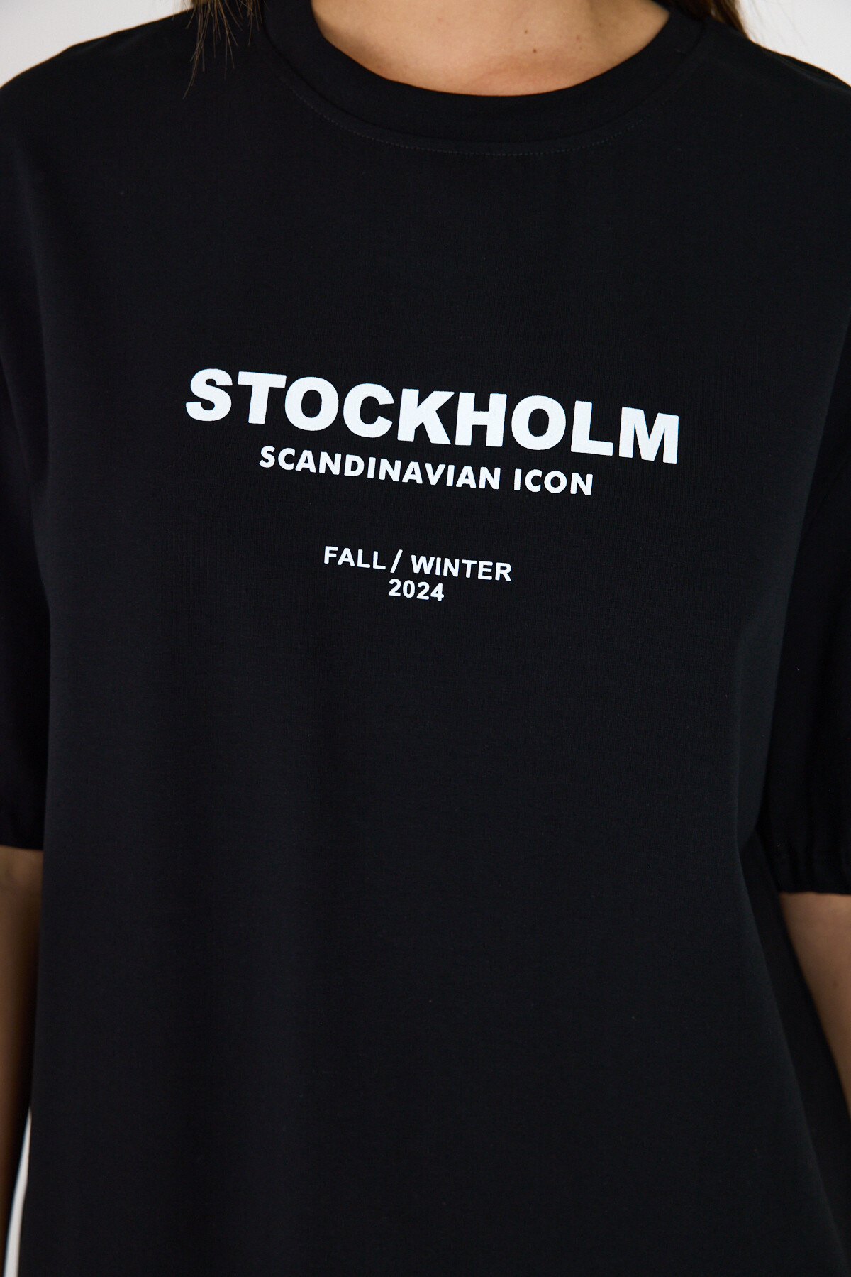 Siyah Yazı Baskılı Bisiklet Yaka OversizeTişört 6056 - RAYS